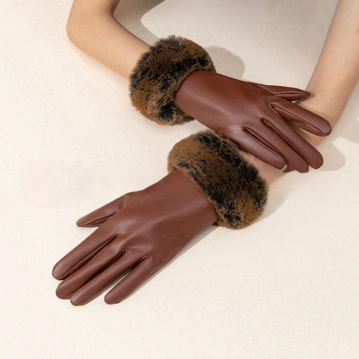 1 Pair Women's Leather Gloves With Faux Fur Cuffs, Warm Wind-Proof Touch Screen PU Leather Gloves