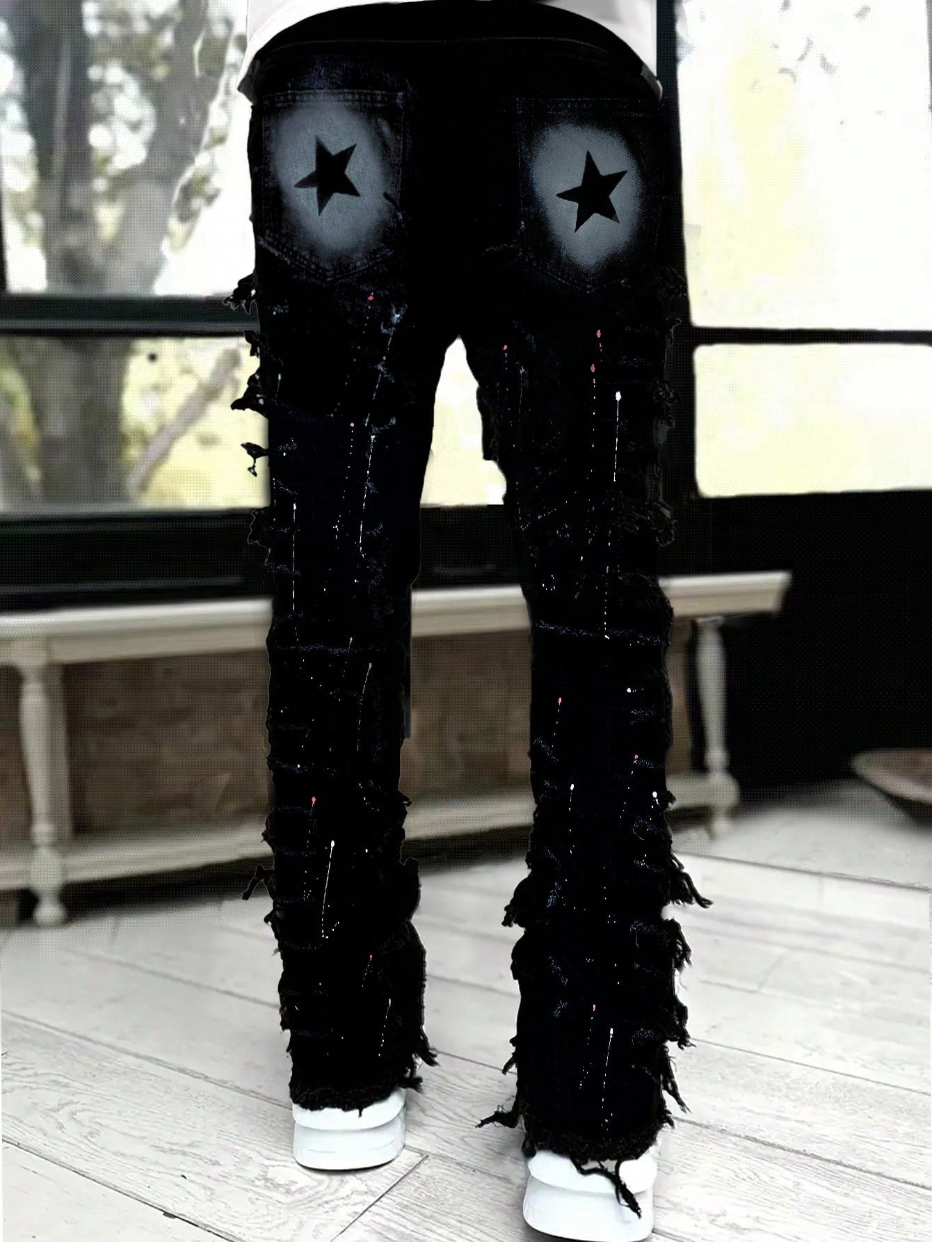 Men's Fashion Layered Fringe Star Painted Denim Jeans