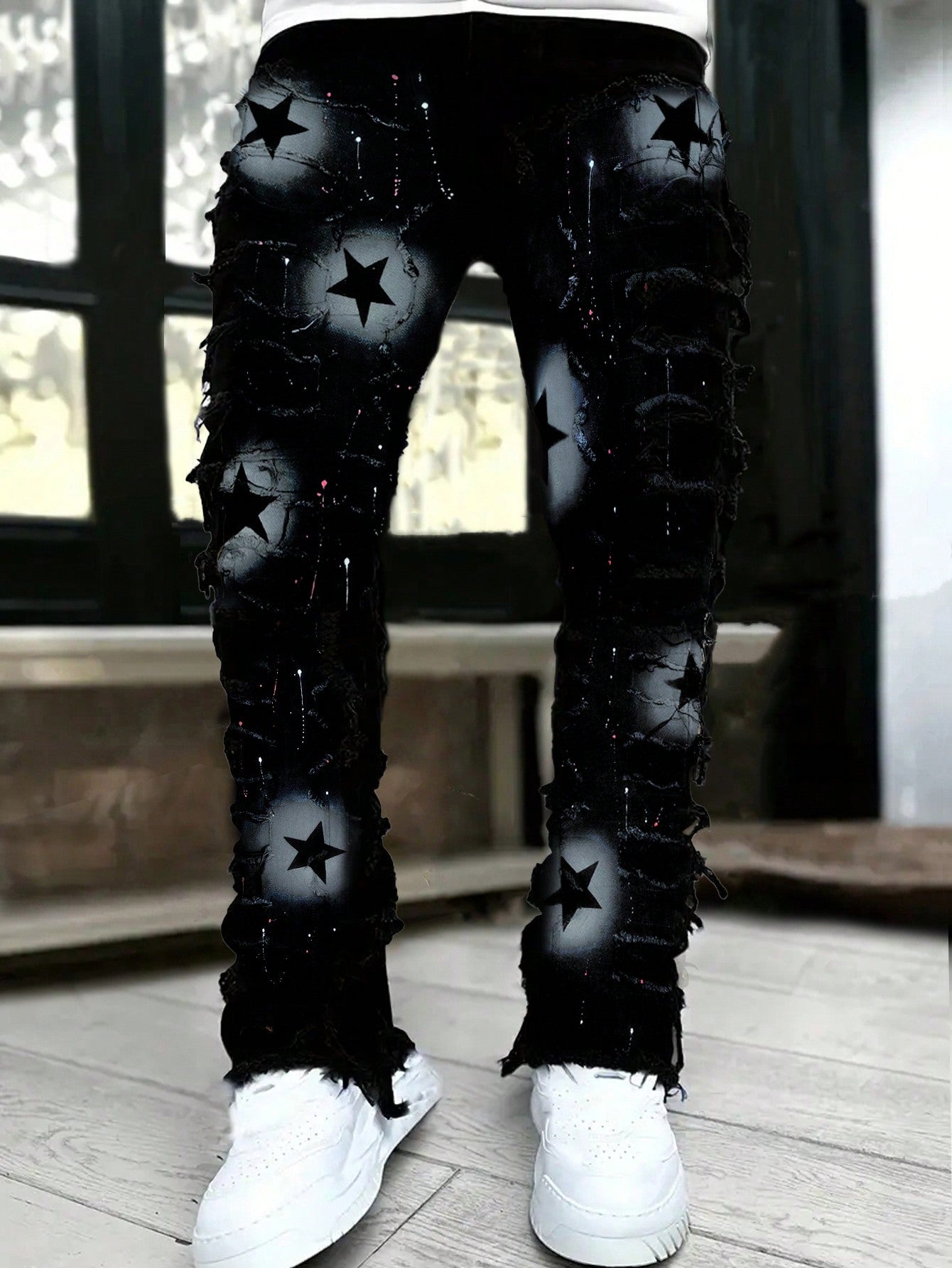 Men's Fashion Layered Fringe Star Painted Denim Jeans