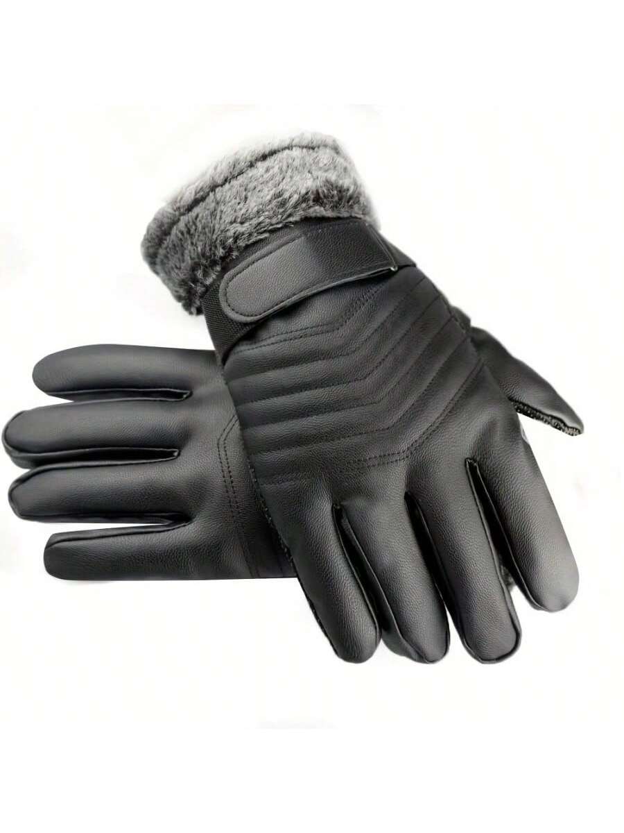 Sanrio A Pair Of Winter Men's Leather Gloves, Touch Screen Friendly, Casual Style Buckle Cycling Gloves, Non-Textile Thermal Fabric, Warm And Waterproof For Outdoor Cycling - Black - Ideal Valentine's Day Gift And Perfect New Year Gift