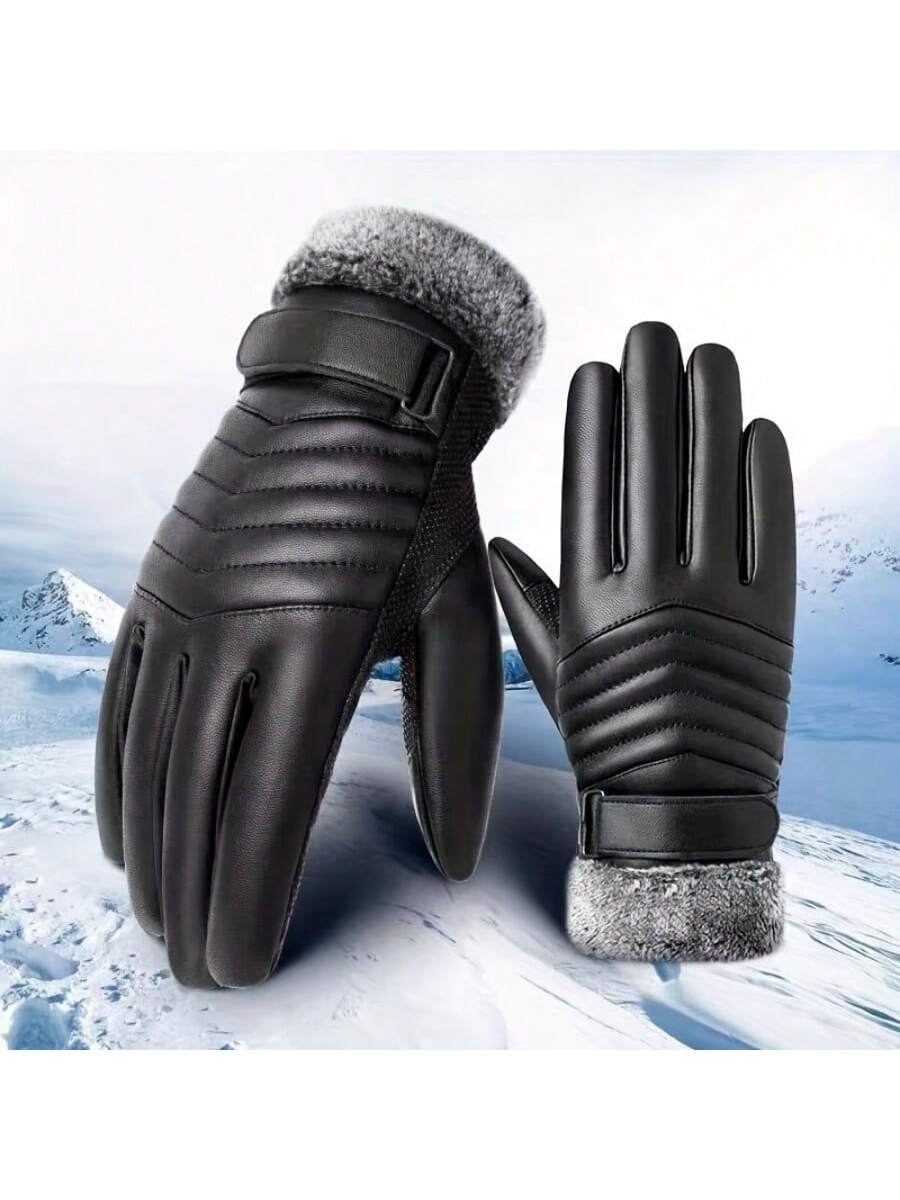 Sanrio A Pair Of Winter Men's Leather Gloves, Touch Screen Friendly, Casual Style Buckle Cycling Gloves, Non-Textile Thermal Fabric, Warm And Waterproof For Outdoor Cycling - Black - Ideal Valentine's Day Gift And Perfect New Year Gift