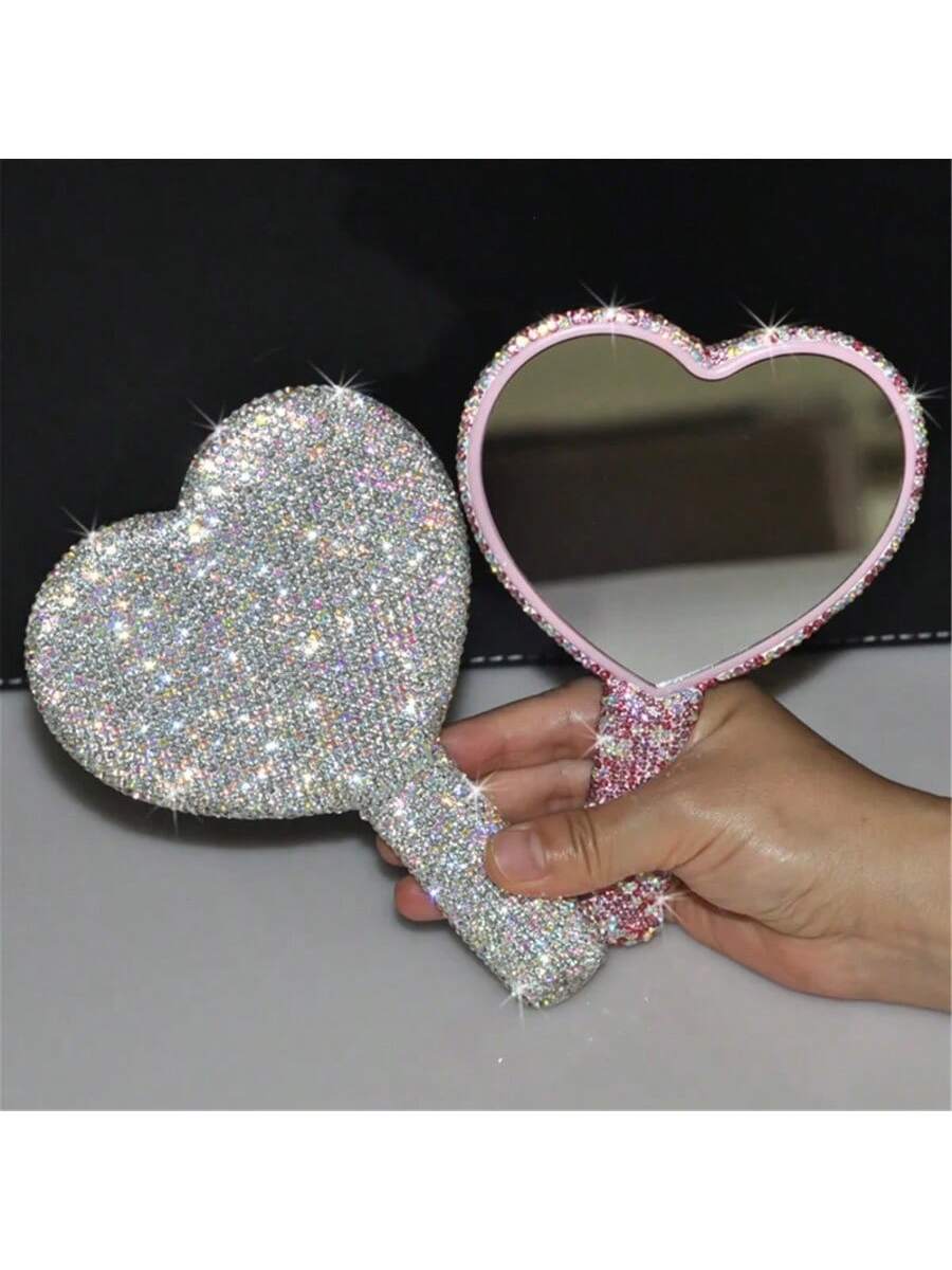 Diamond Handheld Makeup Mirror Love Heart Mirror Female Handle Makeup Cosmetic Beauty Tools Handheld Vanity Girls Make Up Mirror Gifts