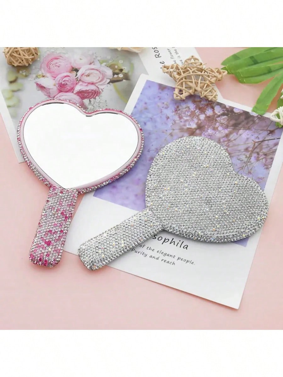 Diamond Handheld Makeup Mirror Love Heart Mirror Female Handle Makeup Cosmetic Beauty Tools Handheld Vanity Girls Make Up Mirror Gifts