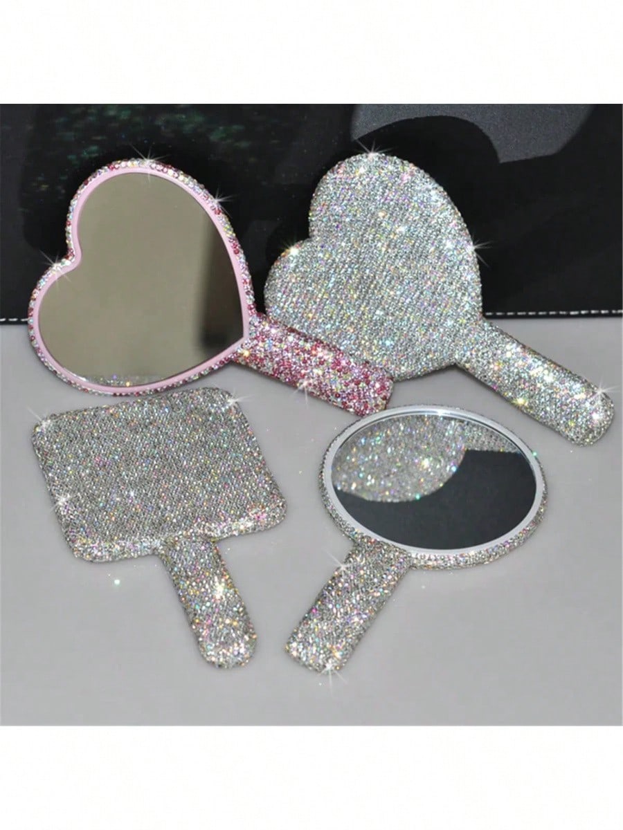 Diamond Handheld Makeup Mirror Love Heart Mirror Female Handle Makeup Cosmetic Beauty Tools Handheld Vanity Girls Make Up Mirror Gifts