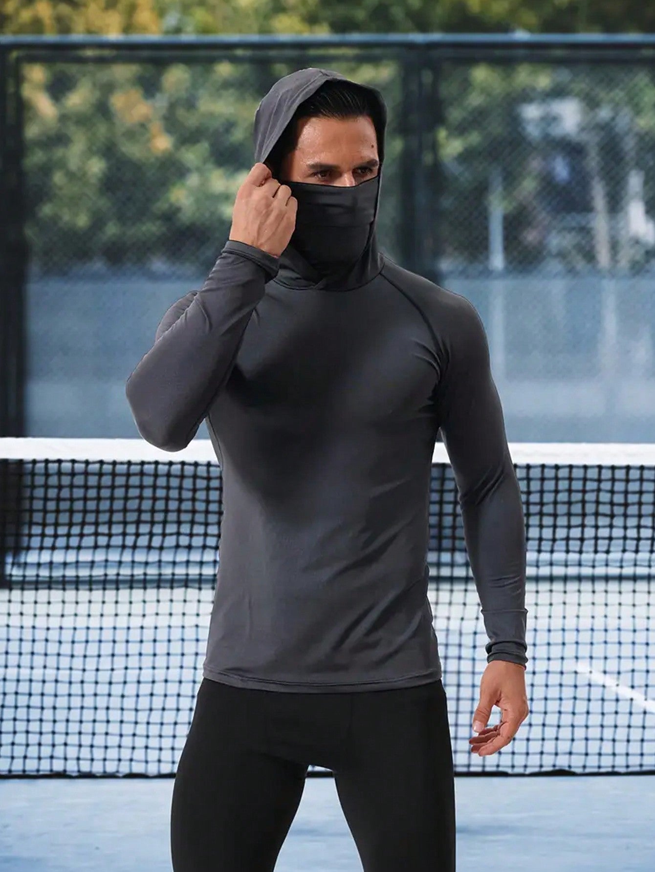 Men's Breathable Athletic Fitted Balaclava Hoodie, Long Sleeve Quick-Dry Top Suitable For Running, Fitness