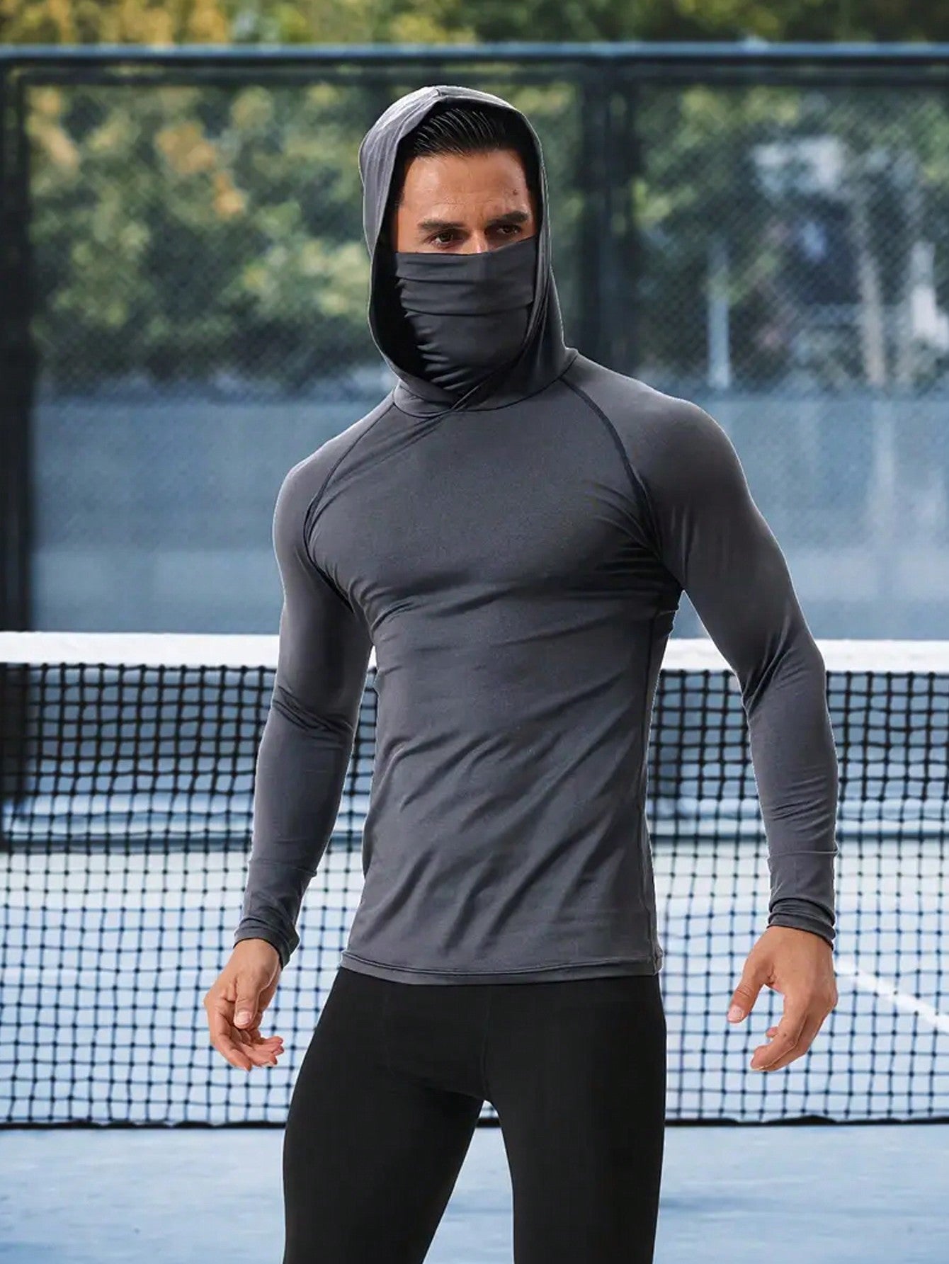 Men's Breathable Athletic Fitted Balaclava Hoodie, Long Sleeve Quick-Dry Top Suitable For Running, Fitness