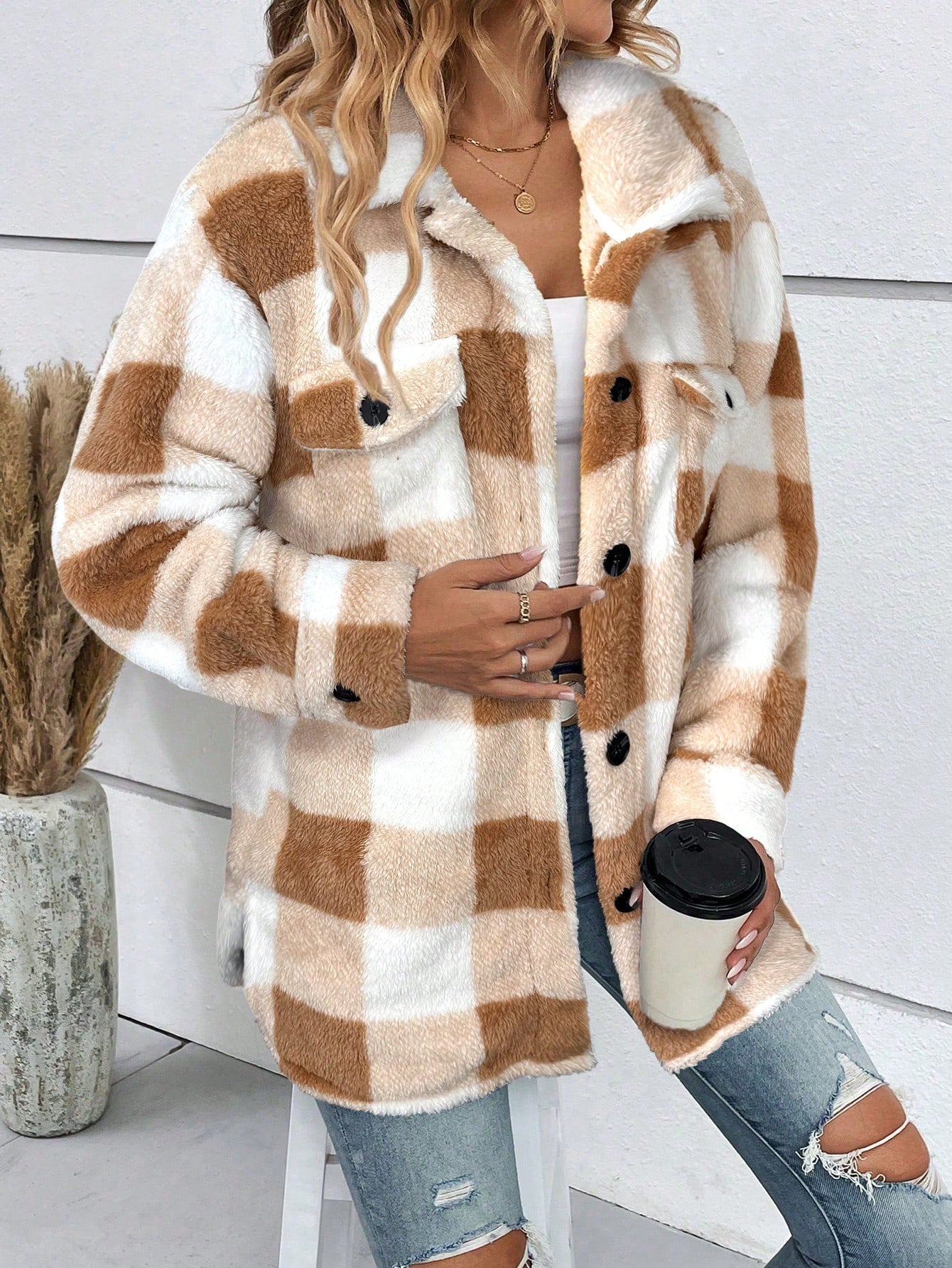 LUNE Buffalo Plaid Print Drop Shoulder Flap Pocket Fuzzy Coat