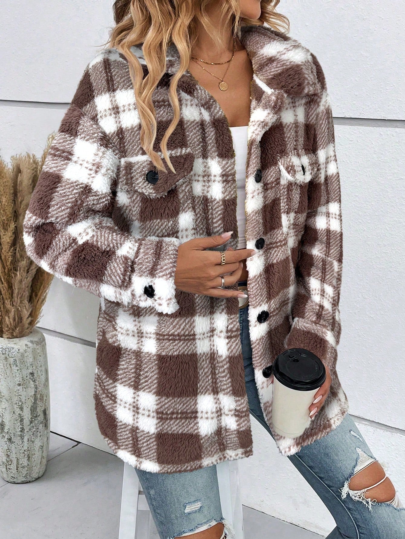 LUNE Buffalo Plaid Print Drop Shoulder Flap Pocket Fuzzy Coat