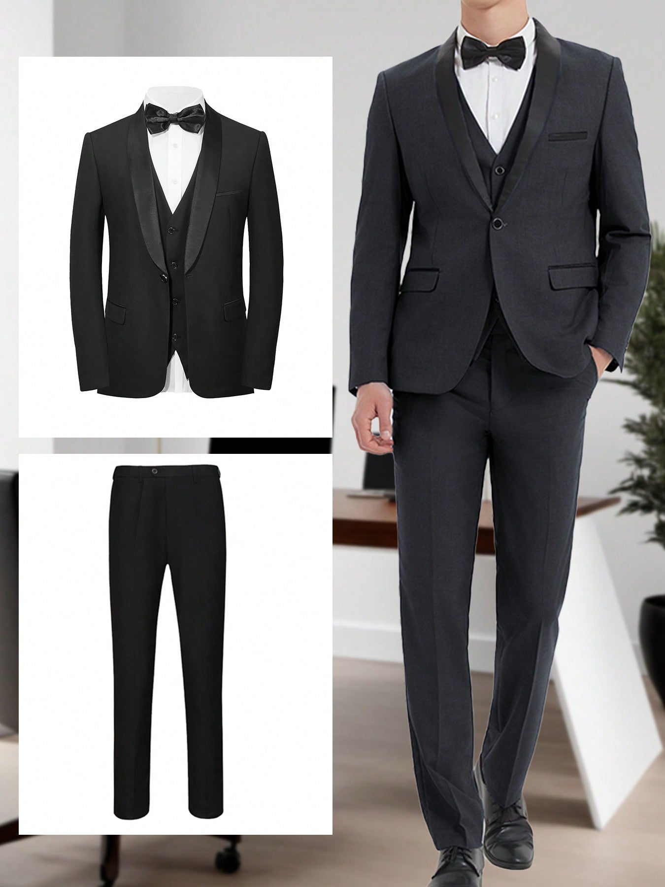 3 Piece Men Tuxedo Fit Wedding Business Suits,Single Breasted Jacket Vest Trousers Suit, Slim Jacket Suit Business Casual Single-Breasted With Pocket Top Wedding Host Banquet Business Office Occasion Performance Concert ( Solid Color, Polyester)