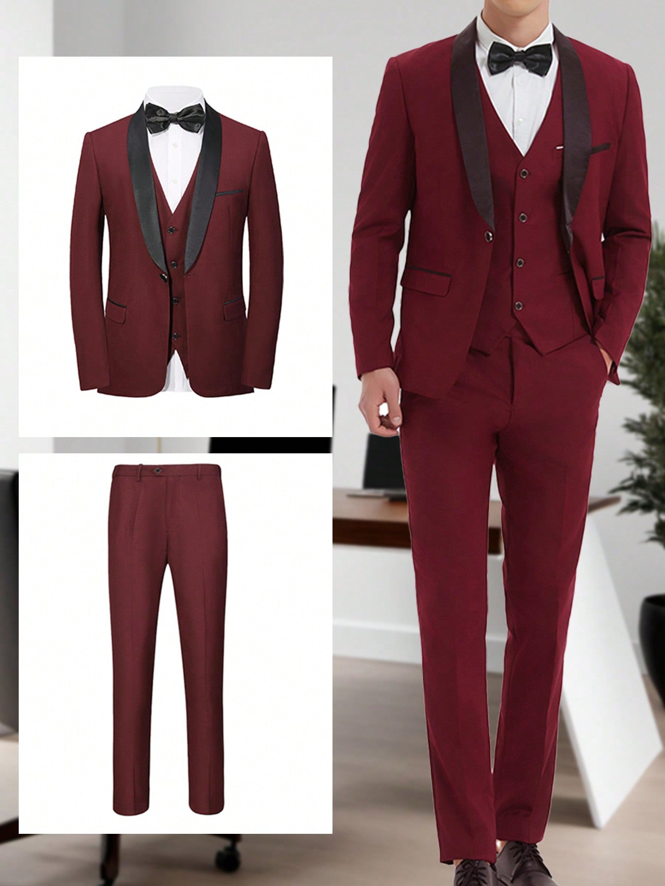 3 Piece Men Tuxedo Fit Wedding Business Suits,Single Breasted Jacket Vest Trousers Suit, Slim Jacket Suit Business Casual Single-Breasted With Pocket Top Wedding Host Banquet Business Office Occasion Performance Concert ( Solid Color, Polyester)