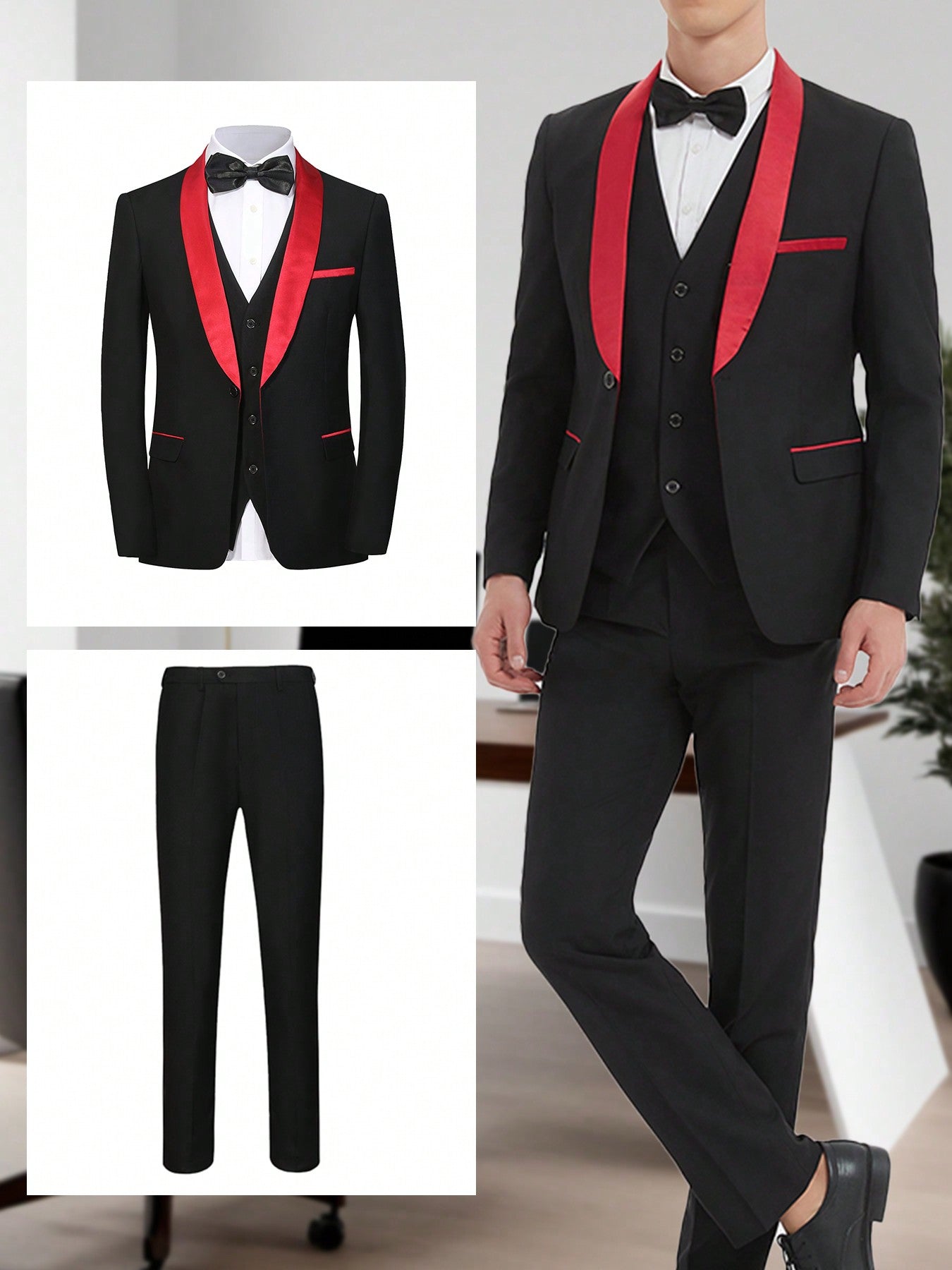 3 Piece Men Tuxedo Fit Wedding Business Suits,Single Breasted Jacket Vest Trousers Suit, Slim Jacket Suit Business Casual Single-Breasted With Pocket Top Wedding Host Banquet Business Office Occasion Performance Concert ( Solid Color, Polyester)