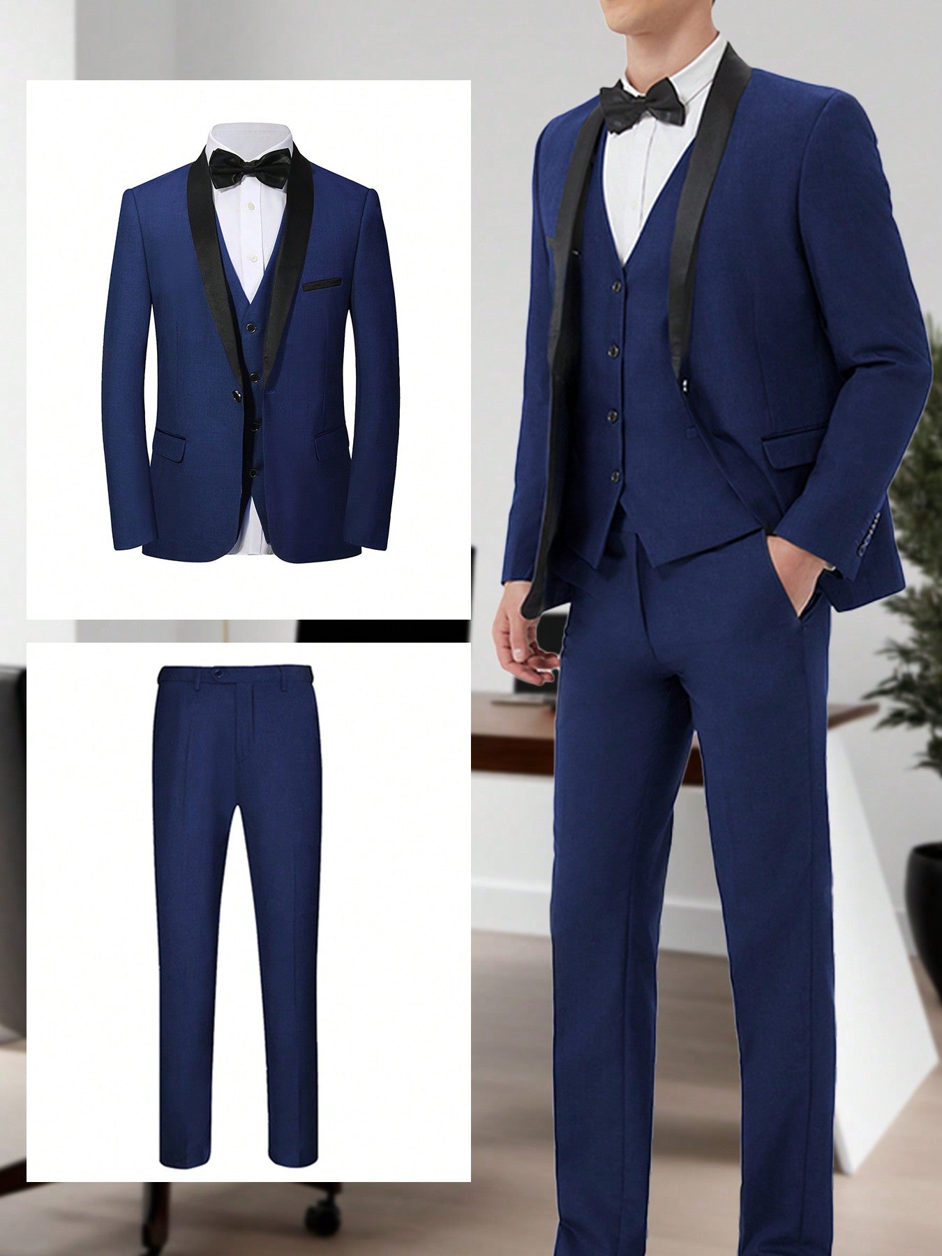 3 Piece Men Tuxedo Fit Wedding Business Suits,Single Breasted Jacket Vest Trousers Suit, Slim Jacket Suit Business Casual Single-Breasted With Pocket Top Wedding Host Banquet Business Office Occasion Performance Concert ( Solid Color, Polyester)