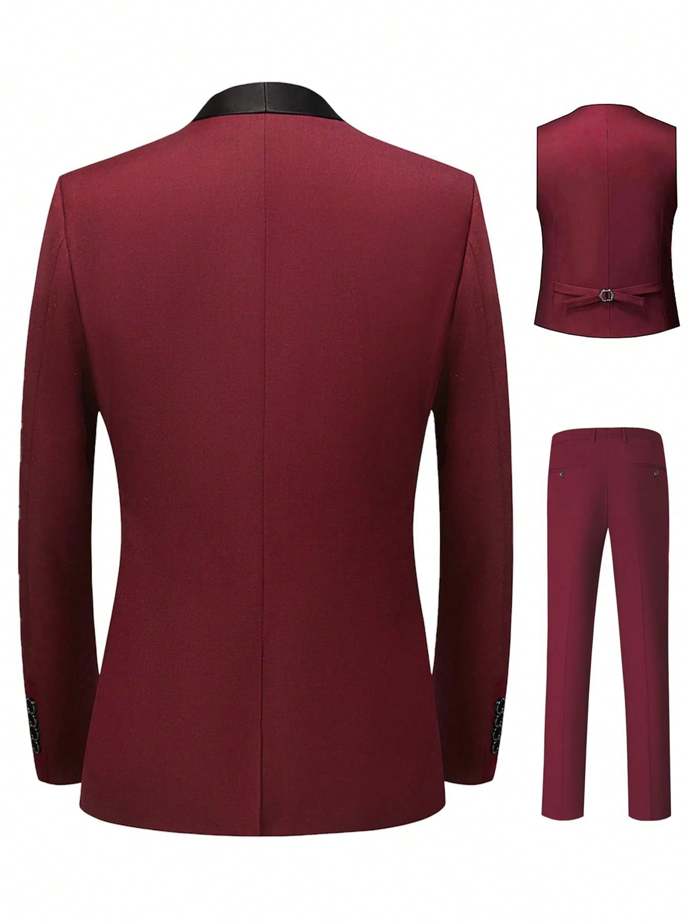 3 Piece Men Tuxedo Fit Wedding Business Suits,Single Breasted Jacket Vest Trousers Suit, Slim Jacket Suit Business Casual Single-Breasted With Pocket Top Wedding Host Banquet Business Office Occasion Performance Concert ( Solid Color, Polyester)