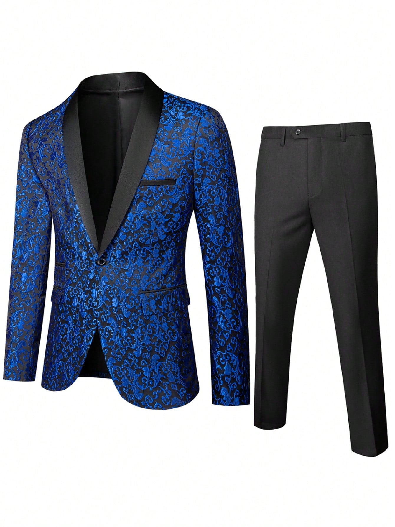 Mens 2 Piece Floral Jacquard Dress Suit Set 1 Button Print Dinner Jacket Pants-Navy Blue