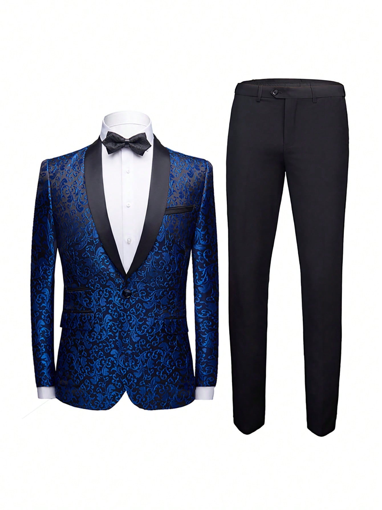 Mens 2 Piece Floral Jacquard Dress Suit Set 1 Button Print Dinner Jacket Pants-Navy Blue