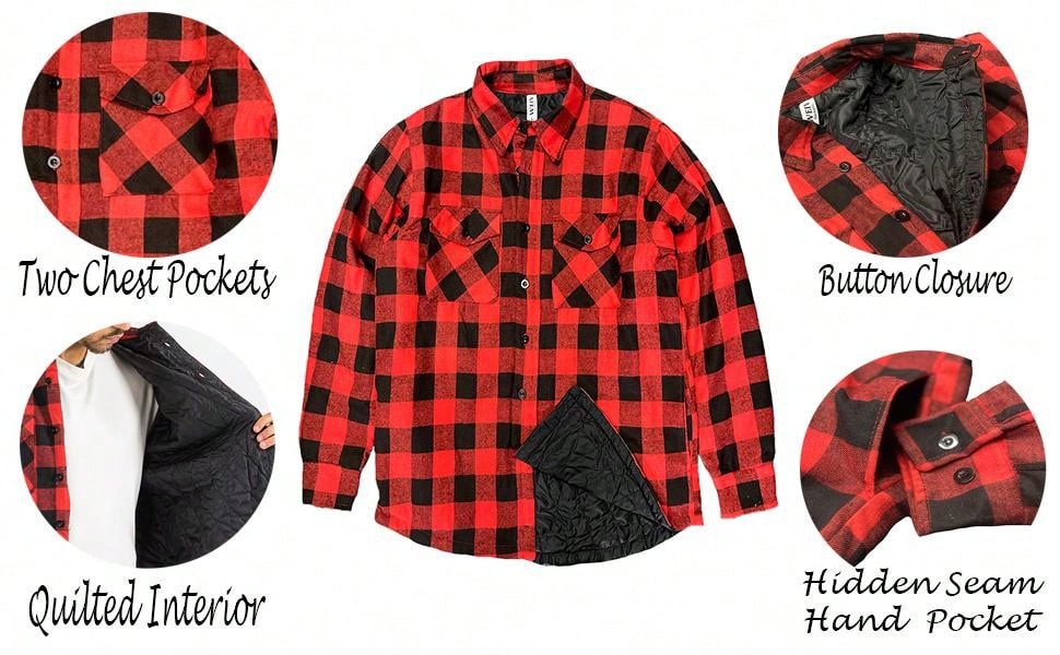 Mens Quilted Long Sleeve Flannel Shacket Jacket