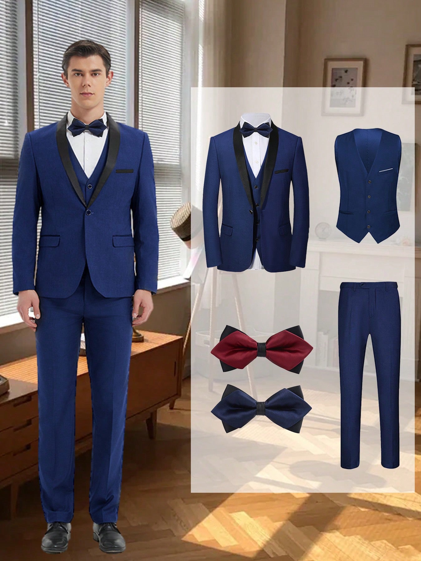 Men Tuxedo Slim Fit Wedding Business Suits, Slim Fit Polyester Suit Shawl Lapel, One-Button Blazer Matching Vest Pants Pre-Tied Adjustable Bow Ties (2pcs) For Groom Groomsmen Dinner