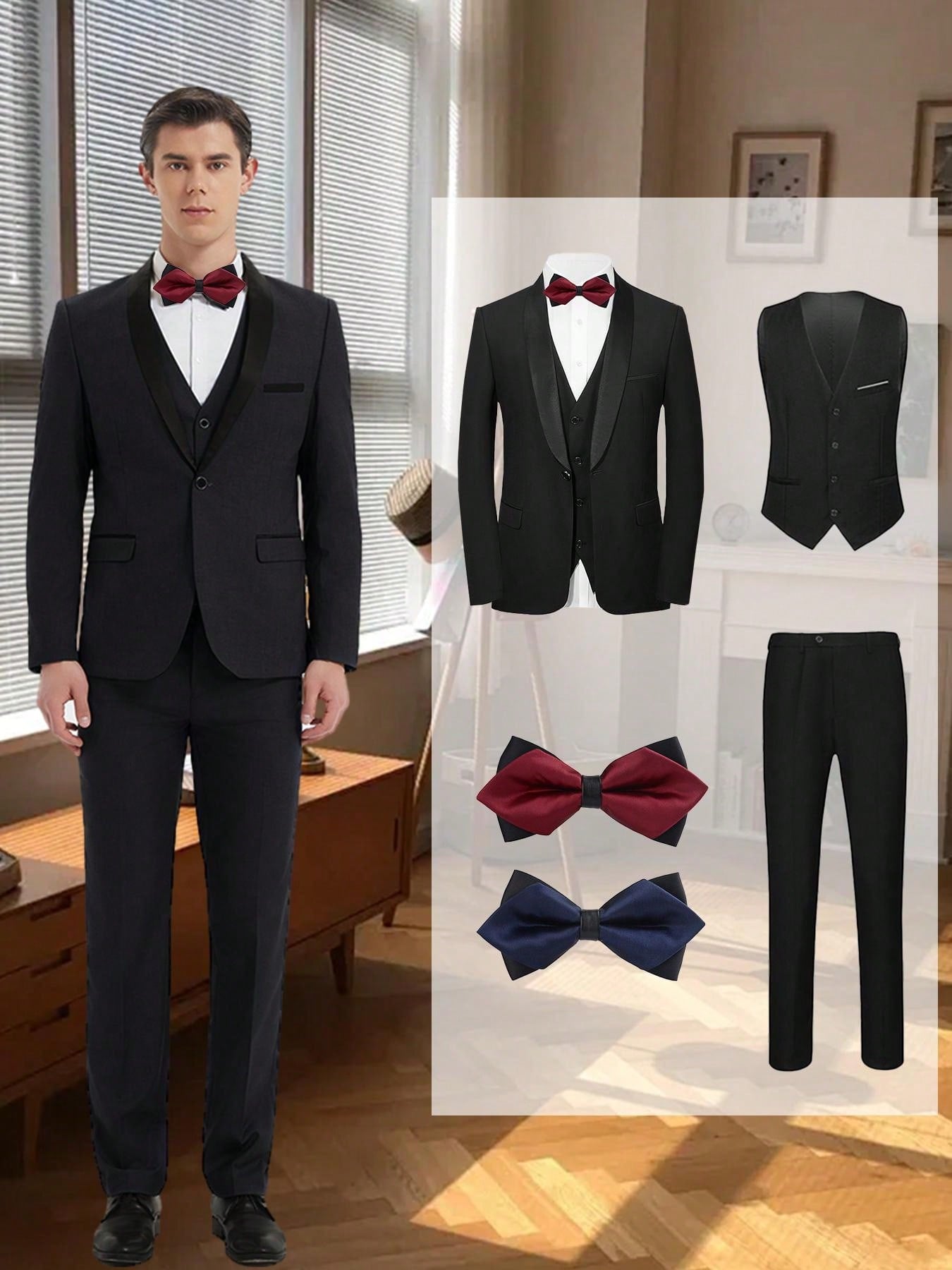 Men Tuxedo Slim Fit Wedding Business Suits, Slim Fit Polyester Suit Shawl Lapel, One-Button Blazer Matching Vest Pants Pre-Tied Adjustable Bow Ties (2pcs) For Groom Groomsmen Dinner