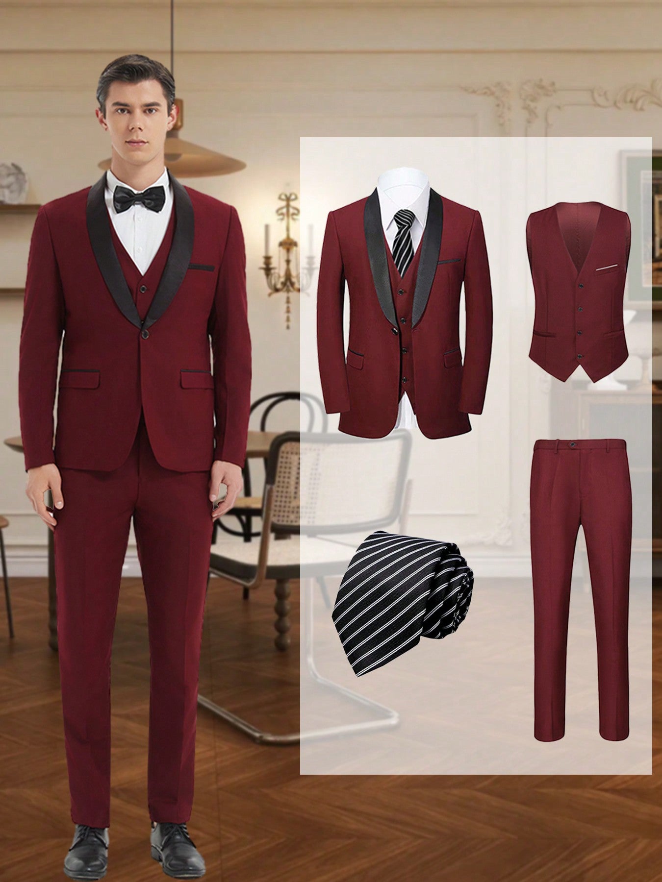 4 Piece Men's Polyester Suit Shawl Lapel, One-Button Blazer Matching Vest Pants Striped Tie, Party Style Solid Color Non-Stretch Woven Fabric Long Sleeve Regular Fit,Slim Fit Polyester Suits Set For Weddings Banquets Theme Parties Holidays