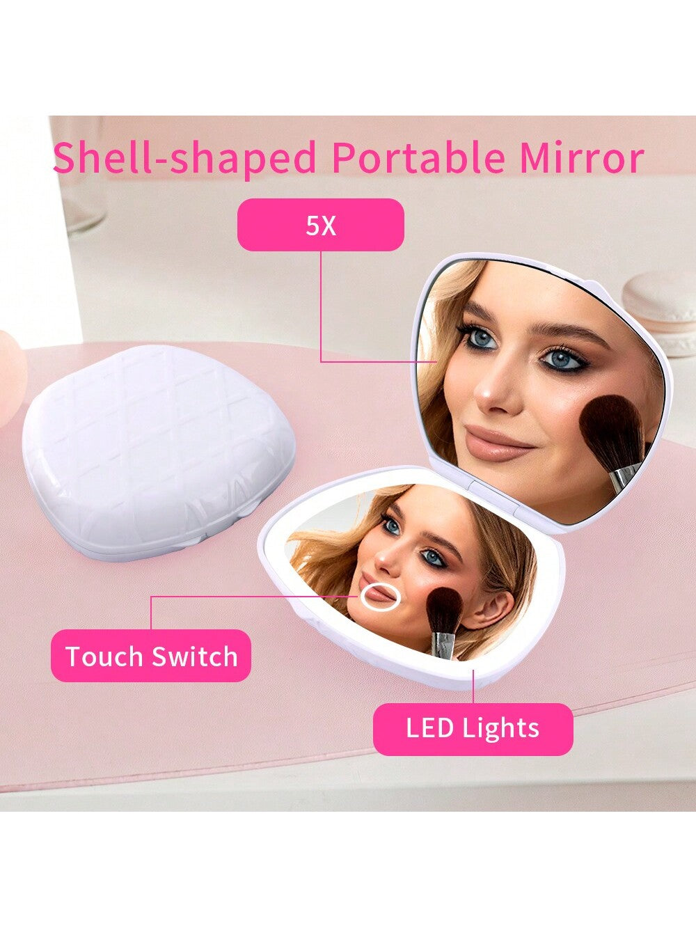 MissMeeca Shell Shape Mini Makeup Mirror, 3 Lights Compact Mirror, Pocket Small Vanity Mirror, Portable Folding Travel Square Led Makeup Mirror,Travel Stuff, Wedding, Party, Birthday, Gifts For Mom Best Friends Teacher, New Years, Accessaries, Funny Gift