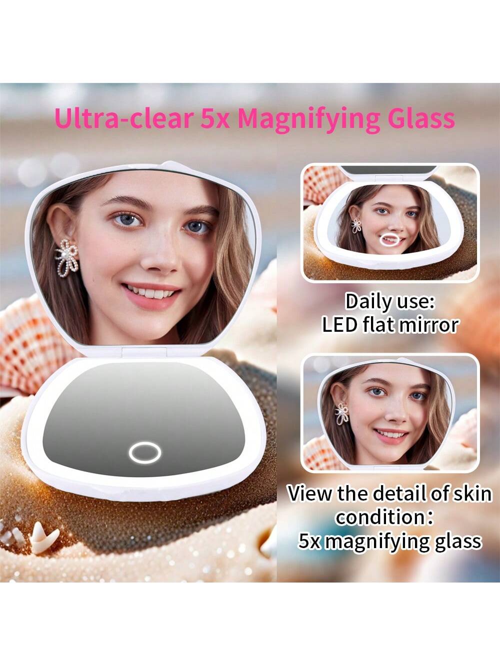 MissMeeca Shell Shape Mini Makeup Mirror, 3 Lights Compact Mirror, Pocket Small Vanity Mirror, Portable Folding Travel Square Led Makeup Mirror,Travel Stuff, Wedding, Party, Birthday, Gifts For Mom Best Friends Teacher, New Years, Accessaries, Funny Gift