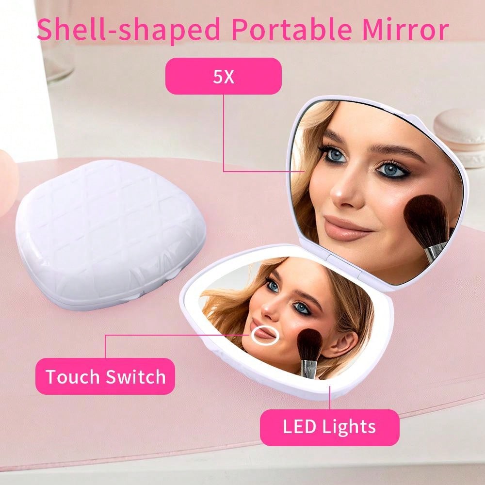 MissMeeca Shell Shape Mini Makeup Mirror, 3 Lights Compact Mirror, Pocket Small Vanity Mirror, Portable Folding Travel Square Led Makeup Mirror,Travel Stuff, Wedding, Party, Birthday, Gifts For Mom Best Friends Teacher, New Years, Accessaries, Funny Gift