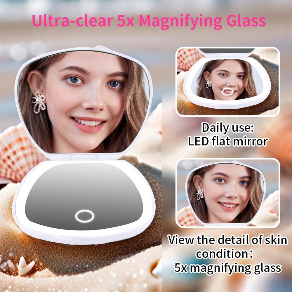 MissMeeca Shell Shape Mini Makeup Mirror, 3 Lights Compact Mirror, Pocket Small Vanity Mirror, Portable Folding Travel Square Led Makeup Mirror,Travel Stuff, Wedding, Party, Birthday, Gifts For Mom Best Friends Teacher, New Years, Accessaries, Funny Gift