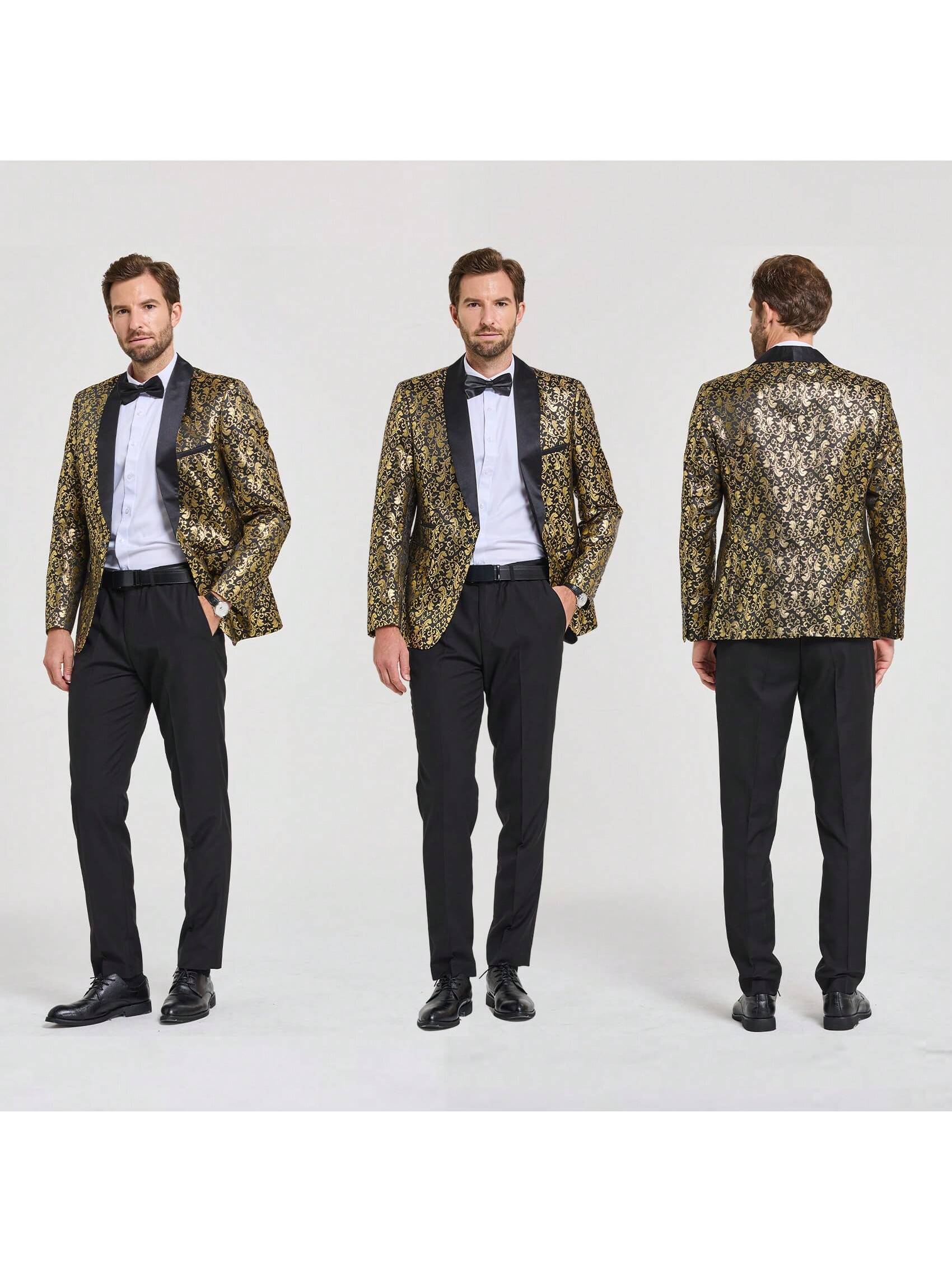 Men's 2 Piece Slim Fit Suit Set, One Button Shawl Lapel Floral Pattern Party Blazer, Jacket Pants With Bow Tie-Gold Black