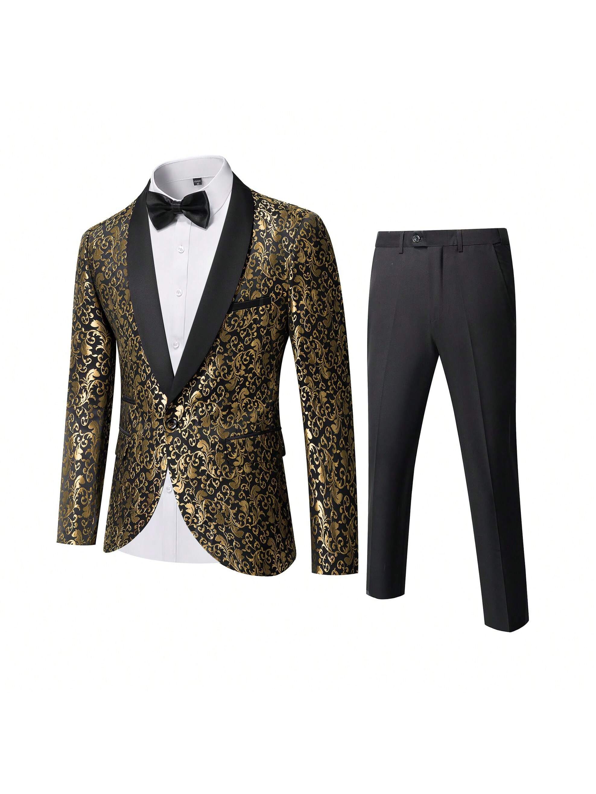 Men's 2 Piece Slim Fit Suit Set, One Button Shawl Lapel Floral Pattern Party Blazer, Jacket Pants With Bow Tie-Gold Black