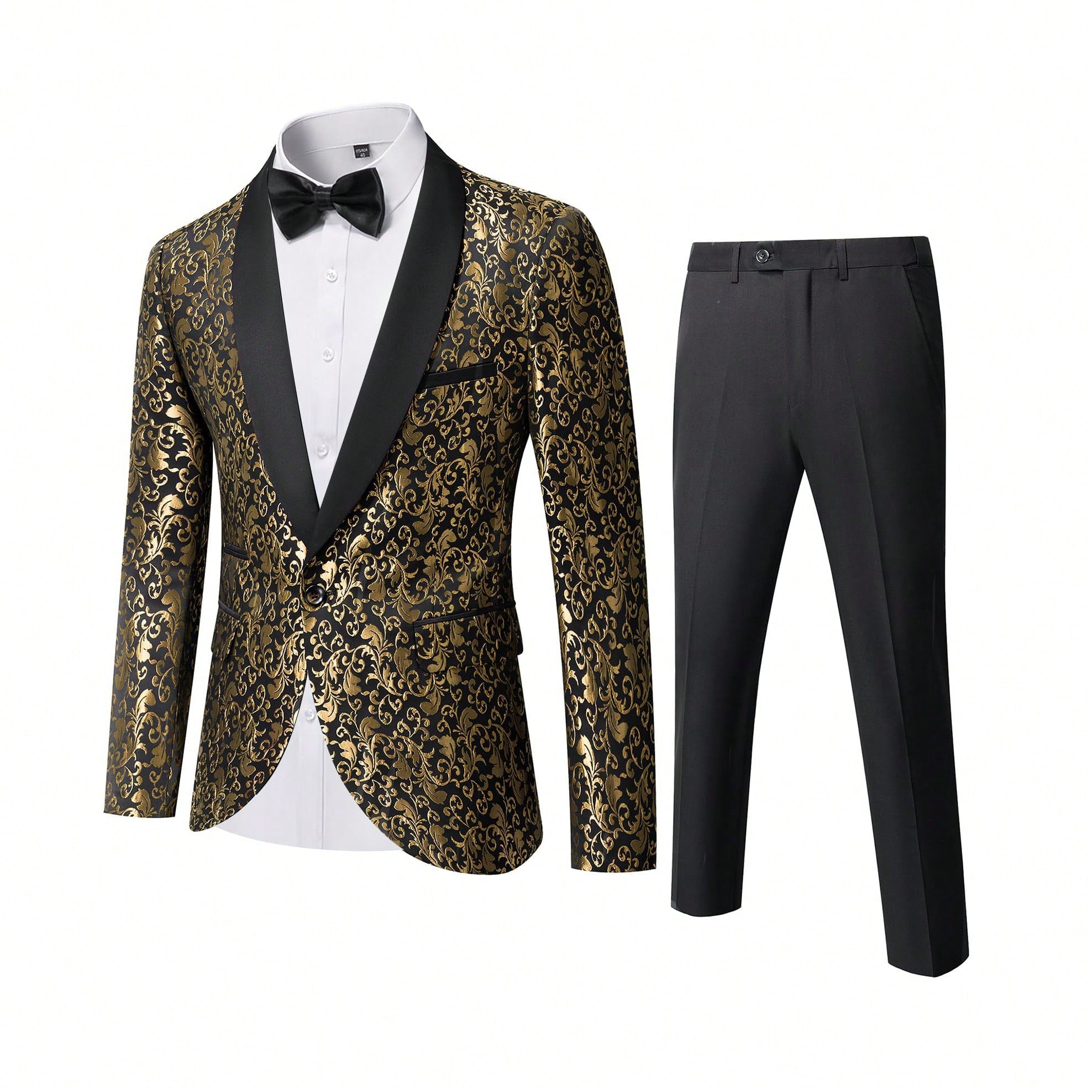 Men's 2 Piece Slim Fit Suit Set, One Button Shawl Lapel Floral Pattern Party Blazer, Jacket Pants With Bow Tie-Gold Black