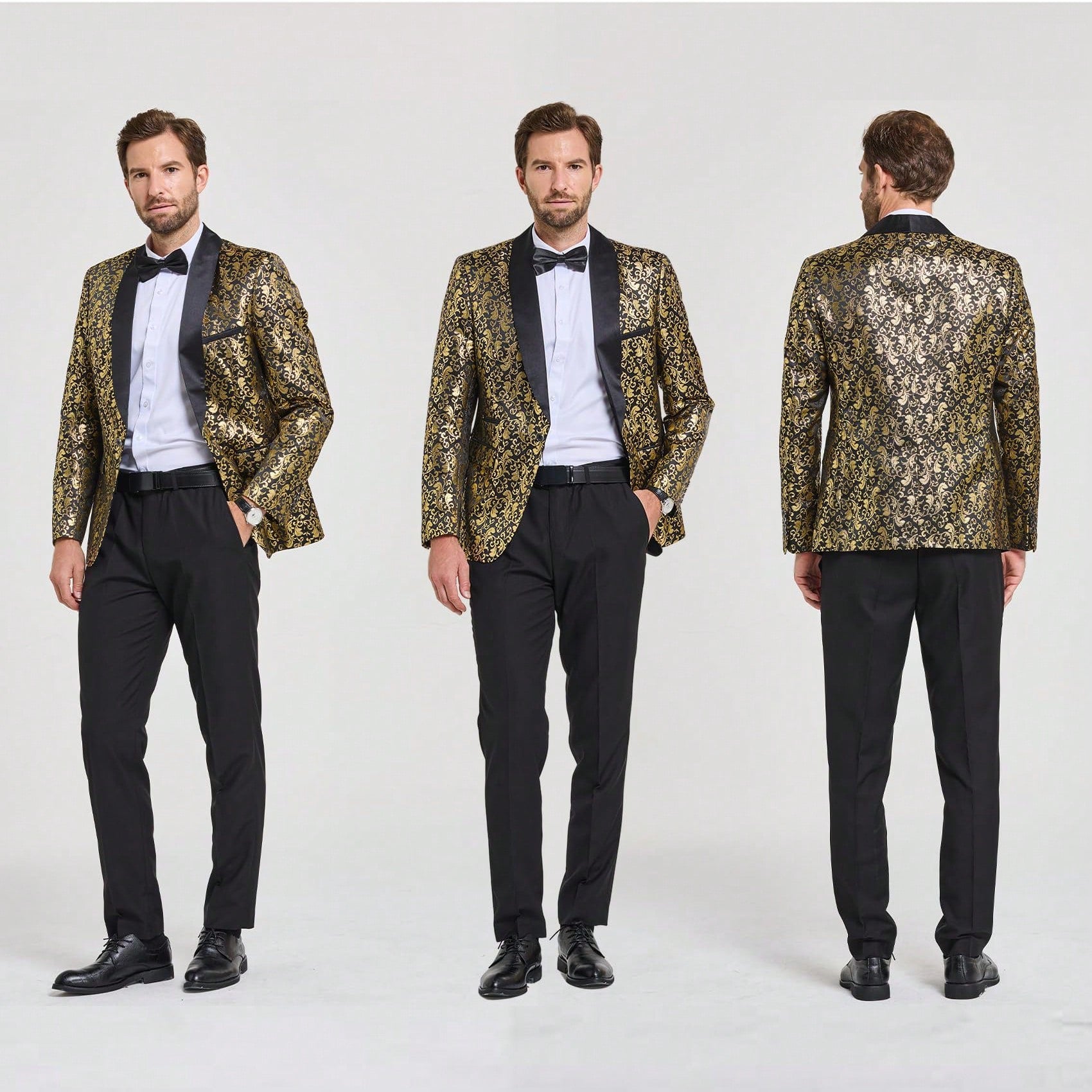 Men's 2 Piece Slim Fit Suit Set, One Button Shawl Lapel Floral Pattern Party Blazer, Jacket Pants With Bow Tie-Gold Black