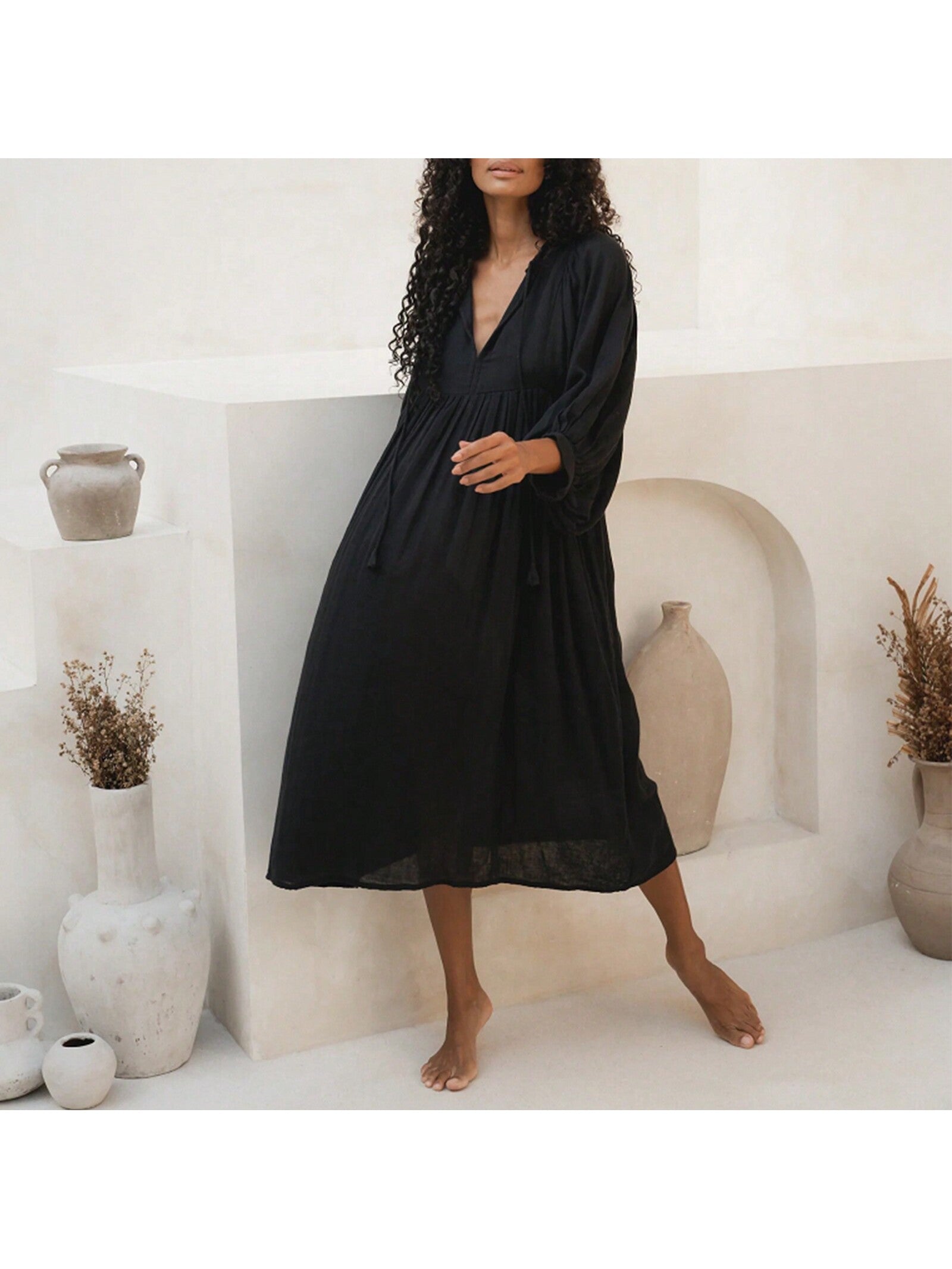 Women's Summer Loose Dress Solid Color 3/4 Sleeves Round-Neck Tie Front Long Dress