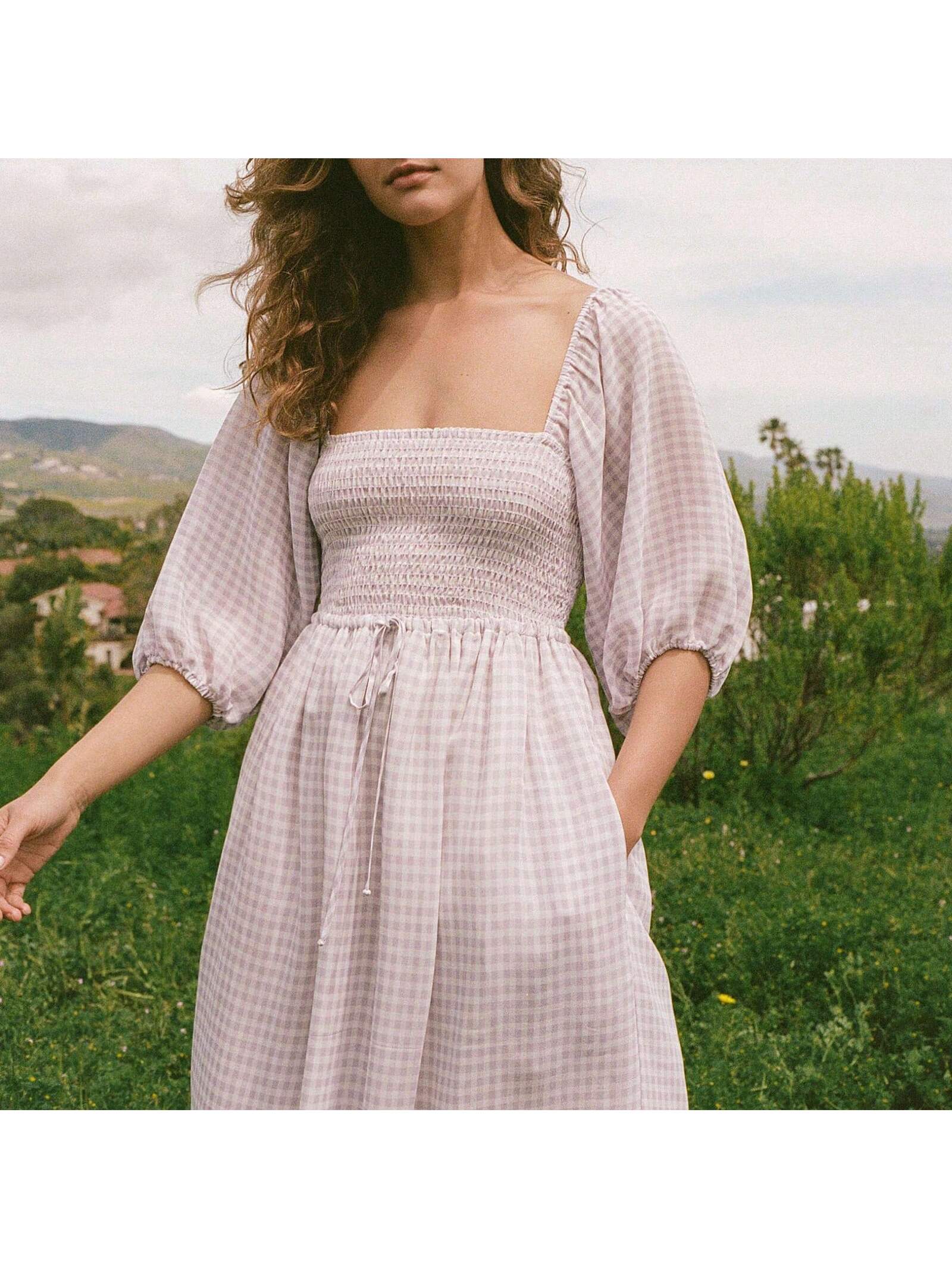 Women Puffed Sleeve Dress Casual Summer Plaid/Floral Print Square Neck Party A-Line Dress For Beach Cocktail Streetwear