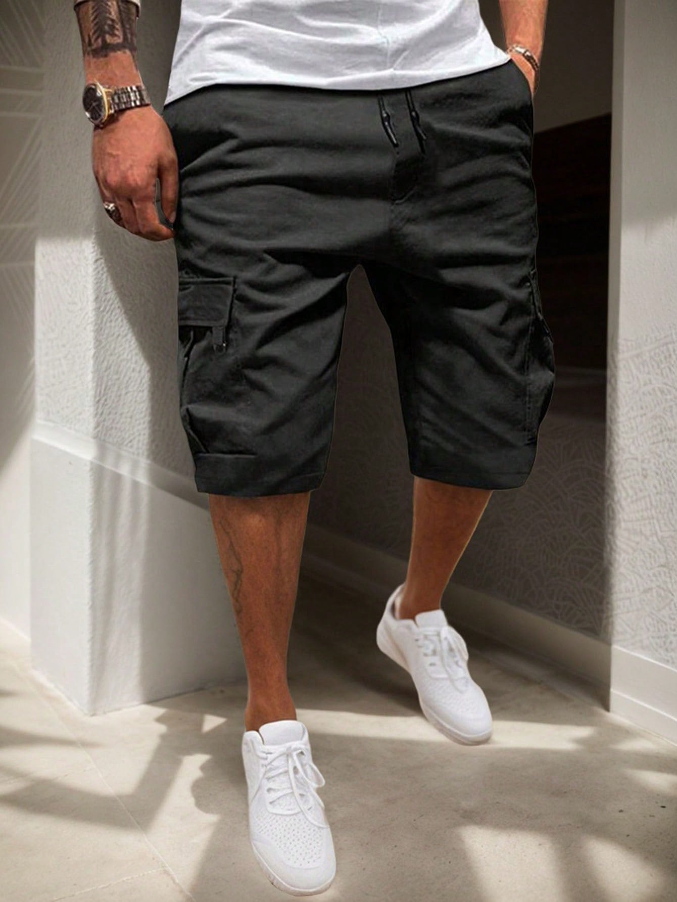 SANOPY Men's Solid Elastic Waist Casual Cargo Shorts With Pockets