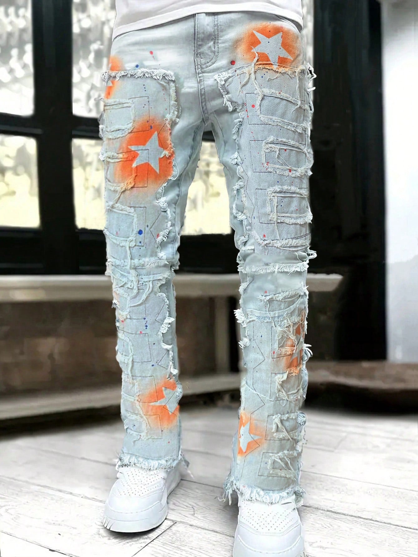 Men's Fashion Layered Fringe Star Painted Denim Jeans