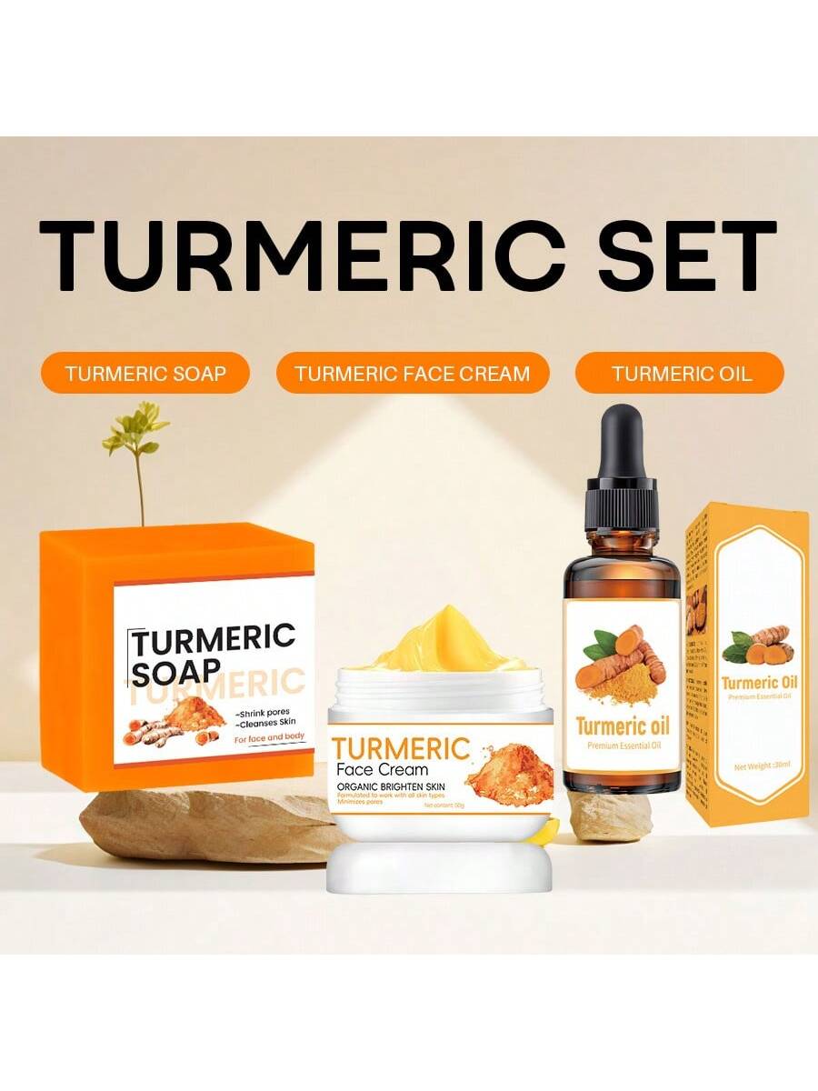 MIAOFUTONG MIAOFUTONG 3pcs/Set Facial Care Kit With Turmeric Series - Turmeric Soap, Turmeric Essence, Turmeric Face Cream - Antioxidant Skincare Set