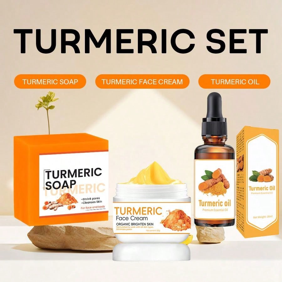 MIAOFUTONG MIAOFUTONG 3pcs/Set Facial Care Kit With Turmeric Series - Turmeric Soap, Turmeric Essence, Turmeric Face Cream - Antioxidant Skincare Set