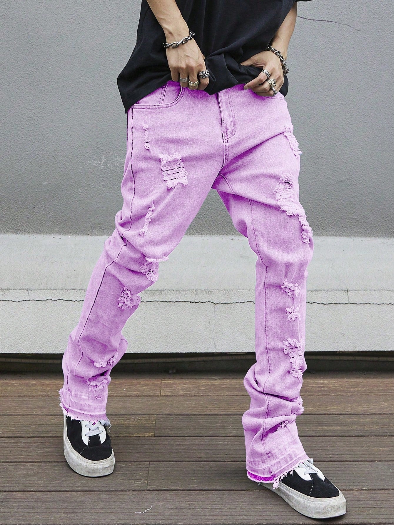 Manfinity LEGND Tight Flare Hem Full Length Distressed Pockets Plain Color Denim Jeans