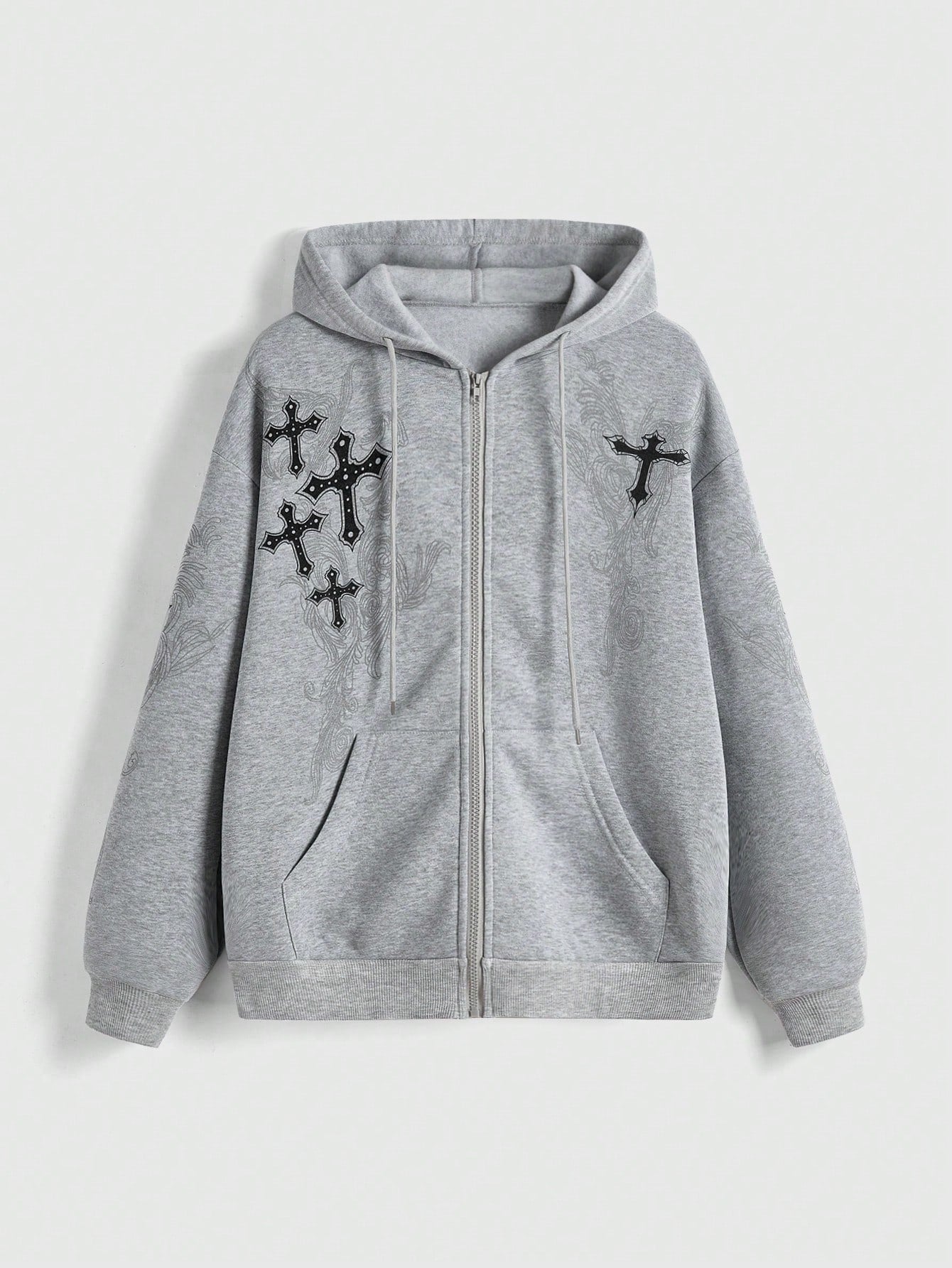 ROMWE Grunge Punk Cross Print Zip Up Drawstring Thermal Lined Hoodie, School,Long Sleeve Tops