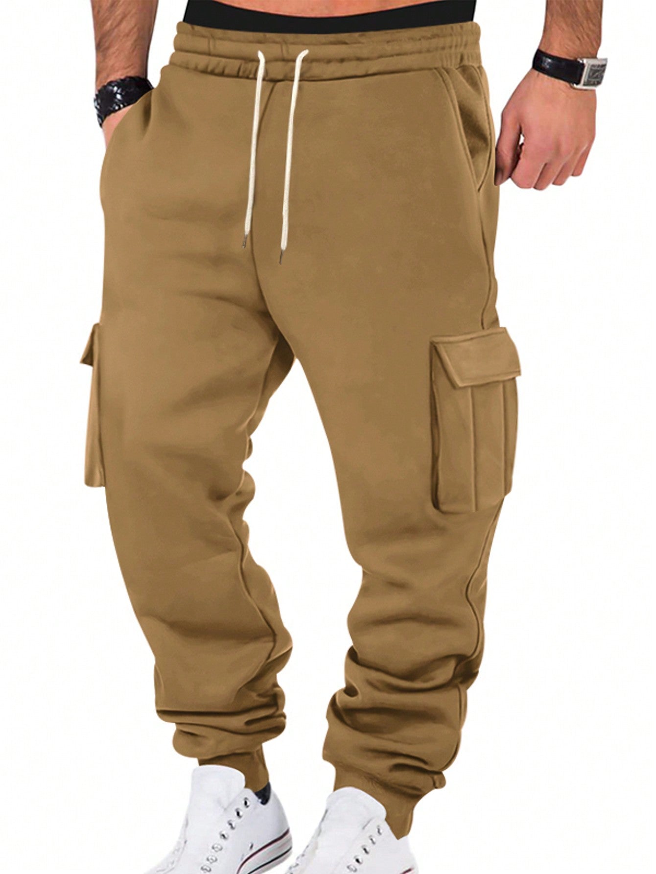 TRFIC TRFIC Mens Fleece Cargo Sweatpants Heavyweight Elastic Waist Pants With Pockets Baggy Drawstring Jogger Pants