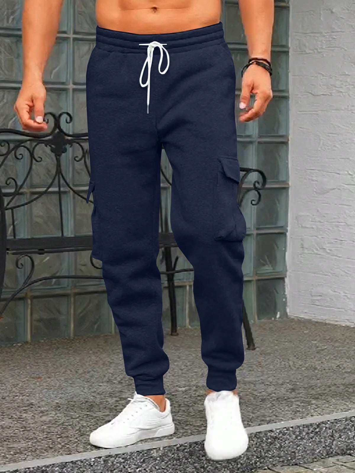 TRFIC TRFIC Mens Fleece Cargo Sweatpants Heavyweight Elastic Waist Pants With Pockets Baggy Drawstring Jogger Pants