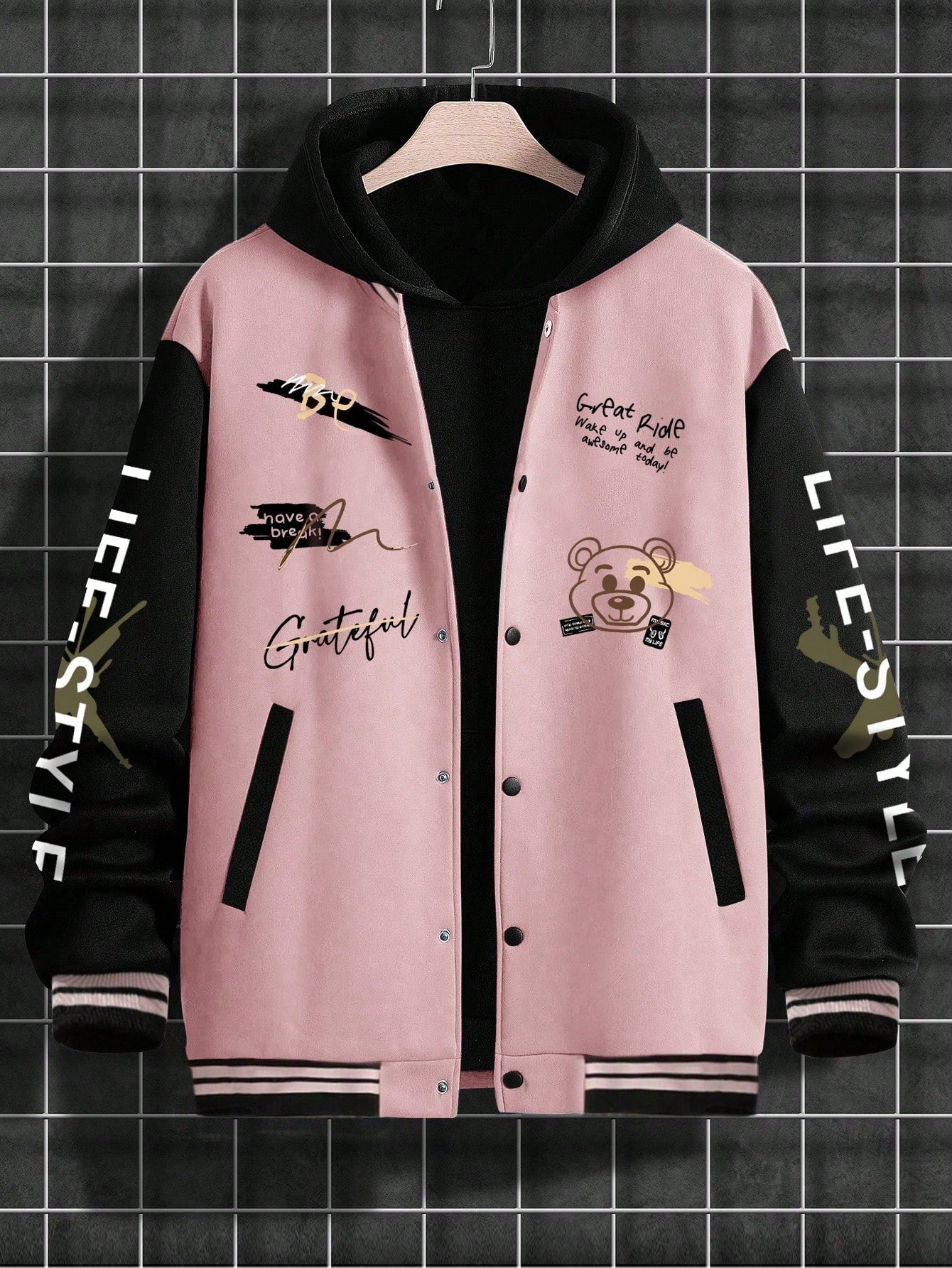 Manfinity EMRG Men's Loose Slogans Cartoon Bear Print Long Sleeve Casual Baseball Jacket, Autumn