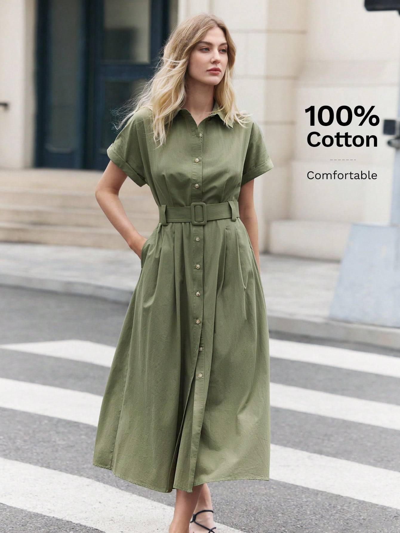 BizChic Women's Solid Color Button Front Short Sleeve Dress With Slanted Pockets