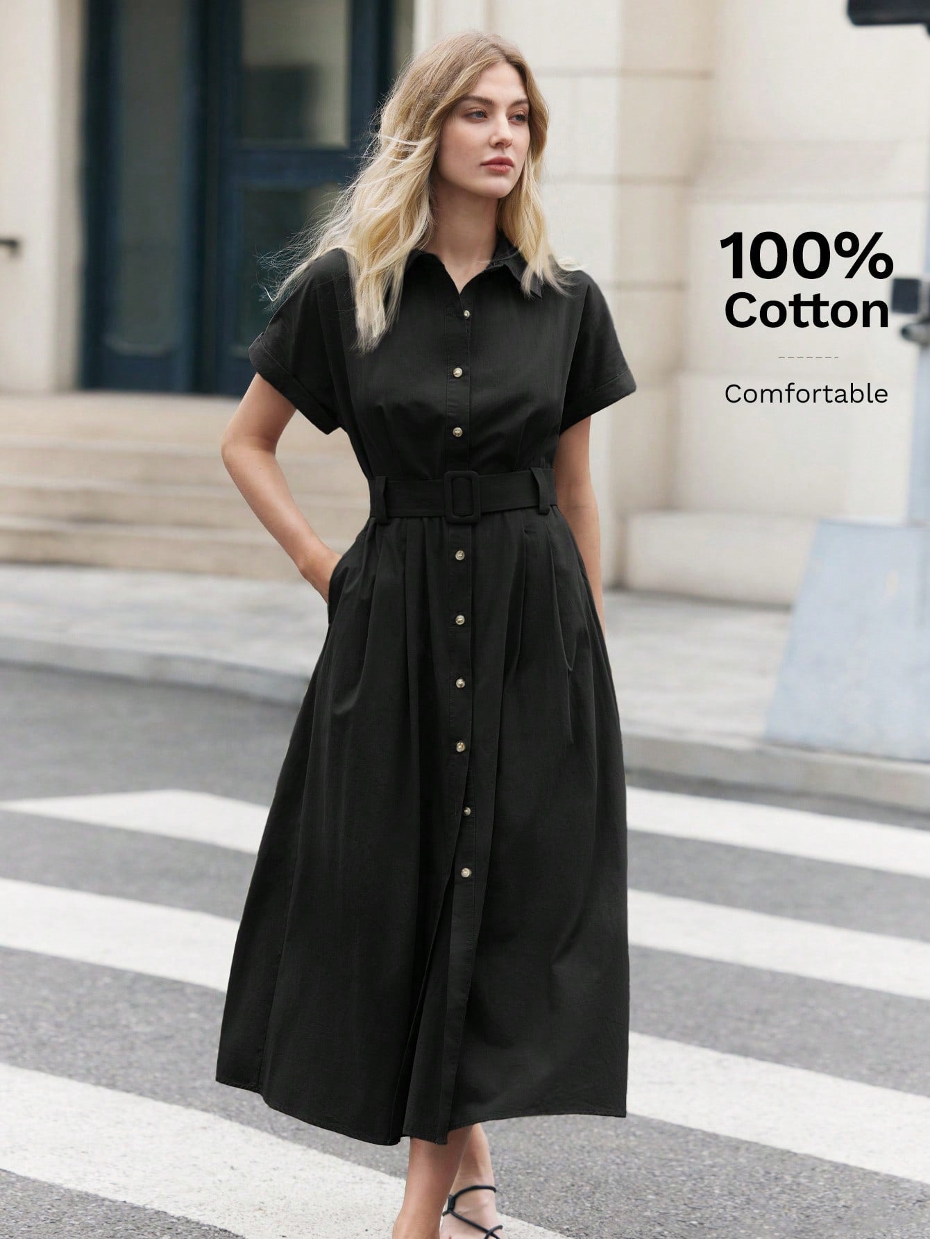 BizChic Women's Solid Color Button Front Short Sleeve Dress With Slanted Pockets