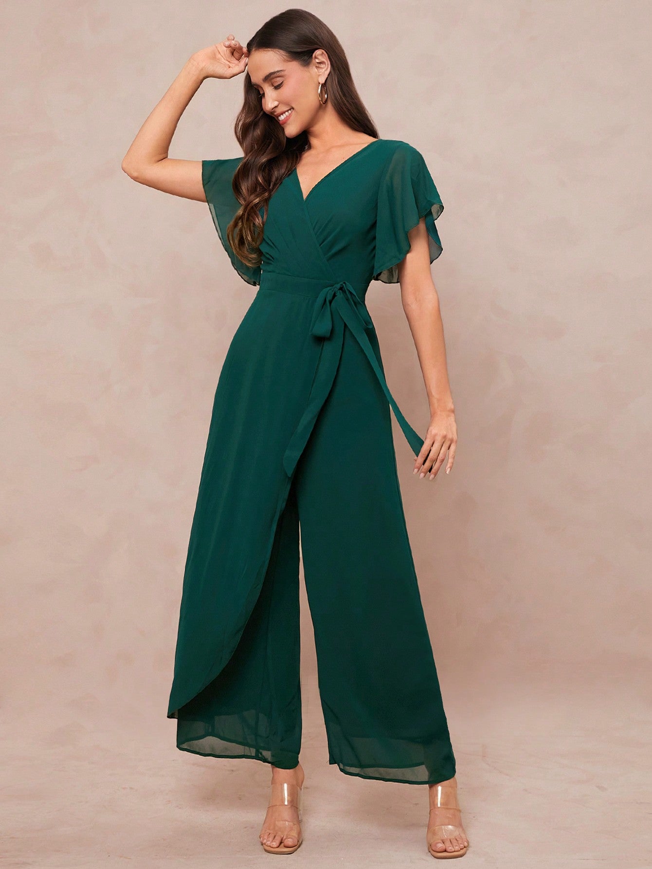 Amorya Saint Patrick Day Butterfly Sleeve Wrap Belted Wide Leg Jumpsuit