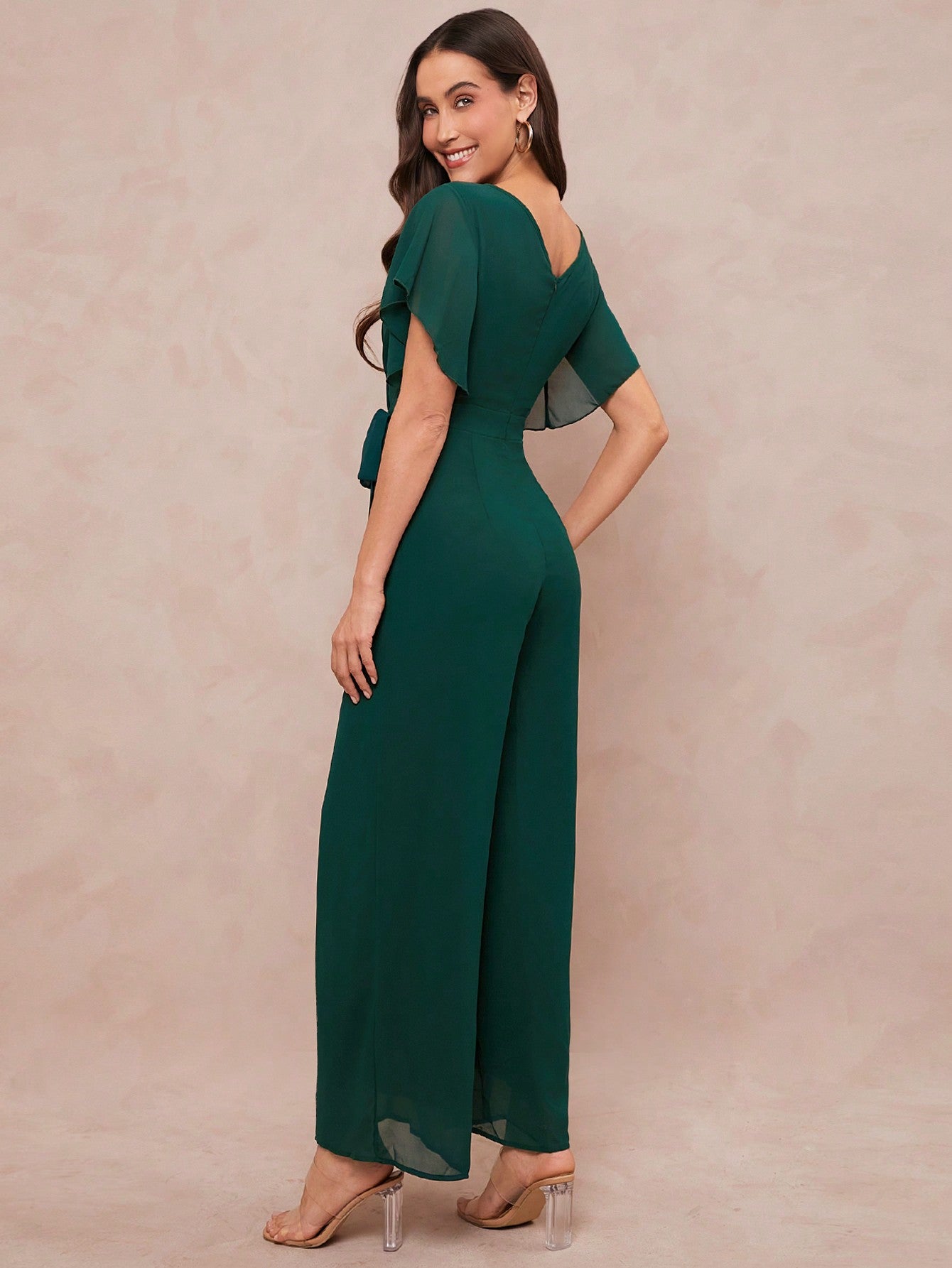 Amorya Saint Patrick Day Butterfly Sleeve Wrap Belted Wide Leg Jumpsuit