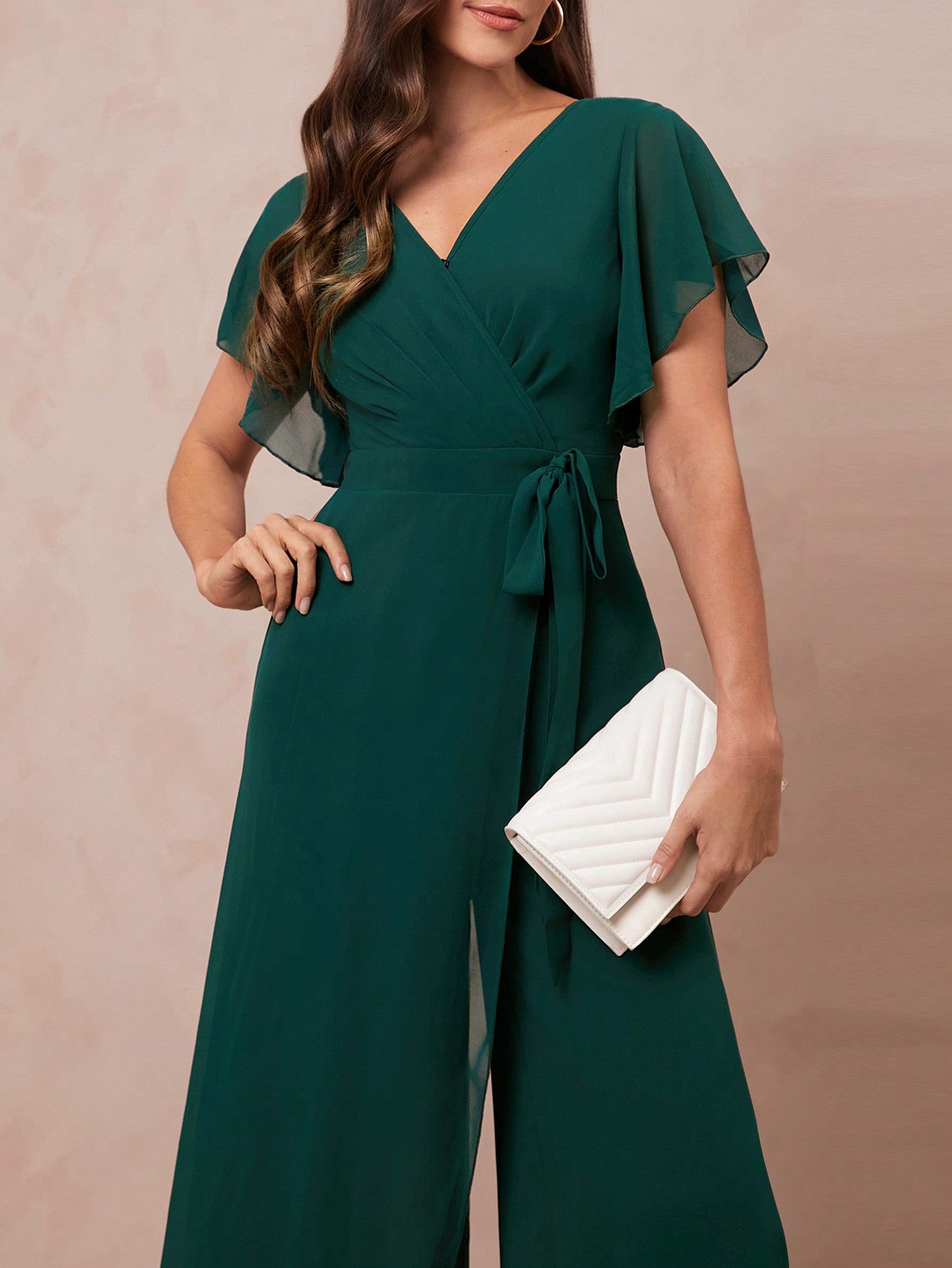 Amorya Saint Patrick Day Butterfly Sleeve Wrap Belted Wide Leg Jumpsuit