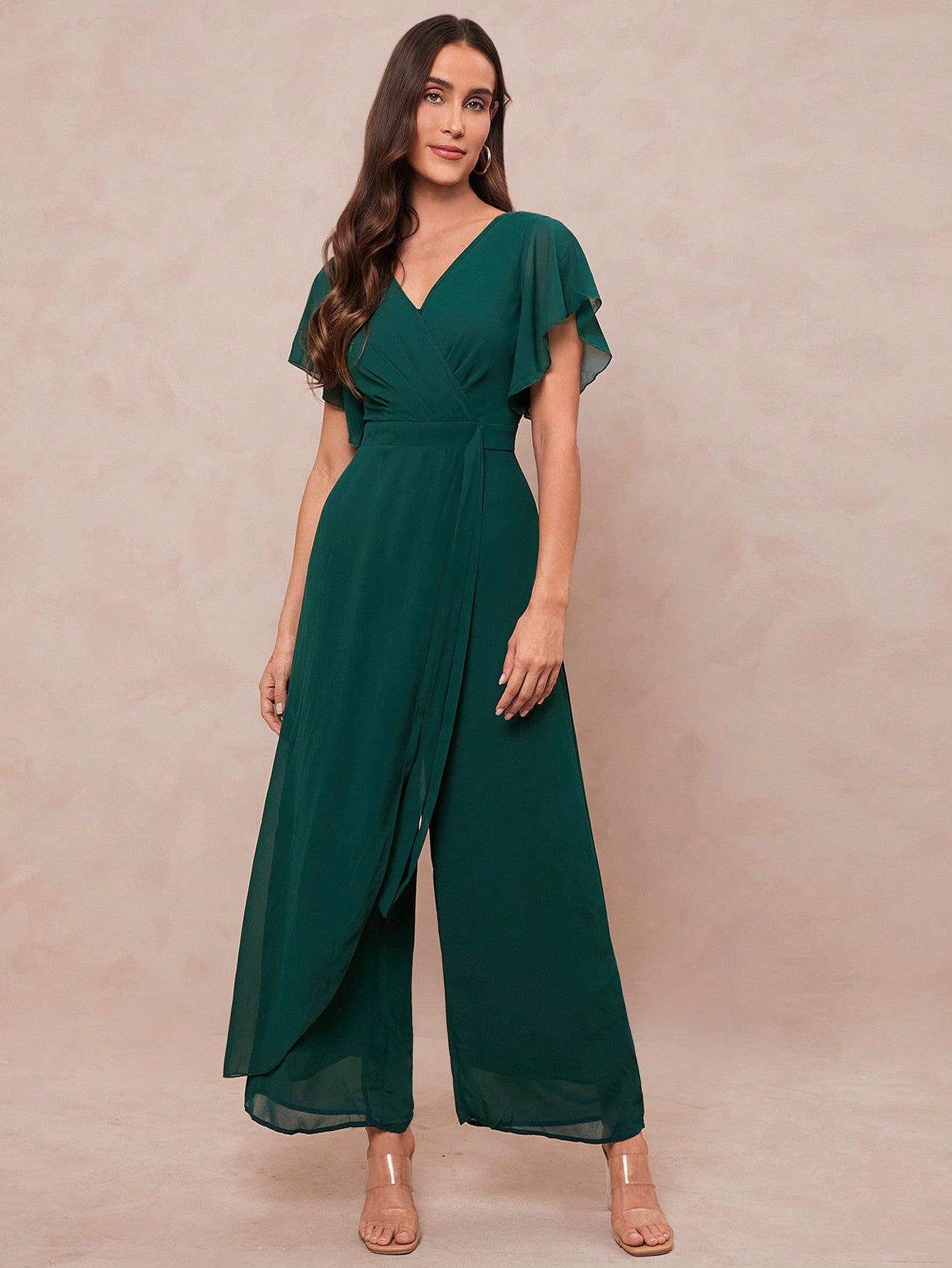 Amorya Saint Patrick Day Butterfly Sleeve Wrap Belted Wide Leg Jumpsuit