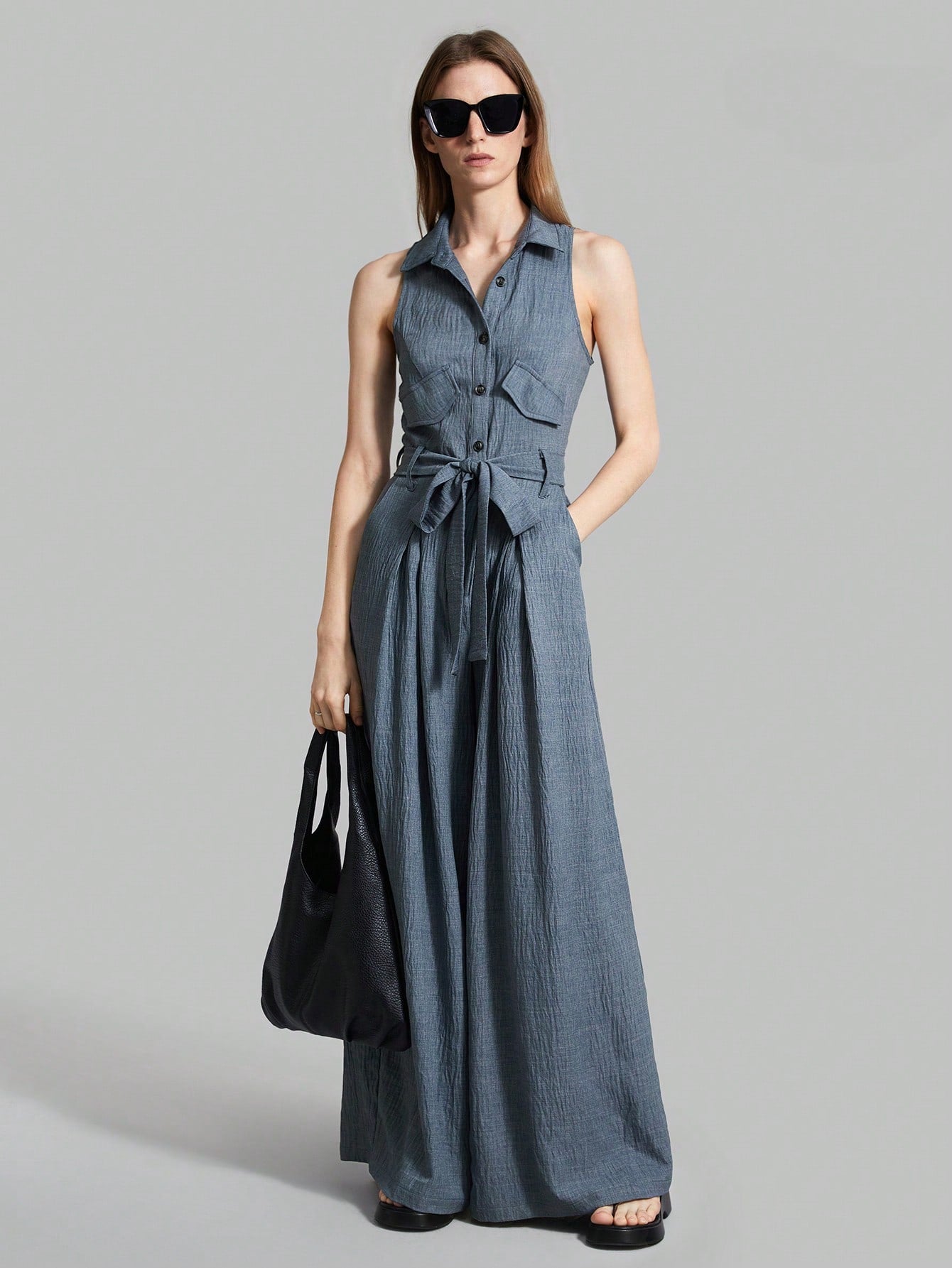 Ontre Women's 2025 New Hazy Blue Spring Valentine's Day Collar Wide Leg Sleeveless Shirt Collar Waist Tie Pockets Loose Casual Jumpsuit