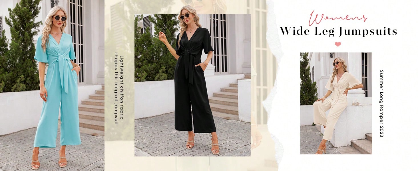 Larisa Women's Elegant V Neck Jumpsuit With Short Sleeves Wide Leg Long Pants For Dressy Casual Look